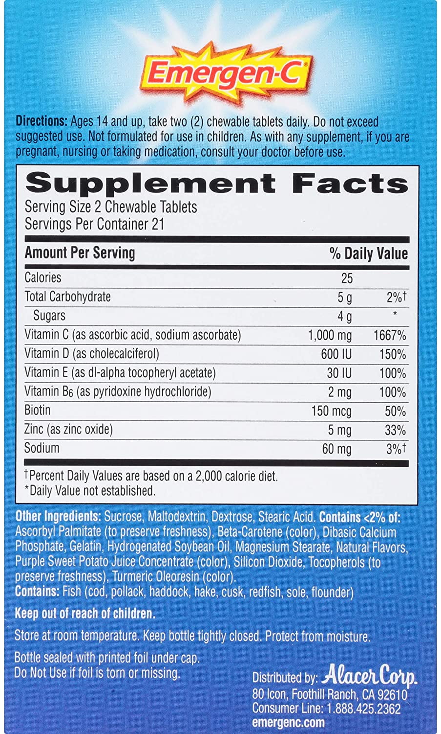 Emergen-C Immune Boost Chewable Tablets with 600 IU Vitamin D, Orange Blast Flavor - 42 ea x 3 Pack