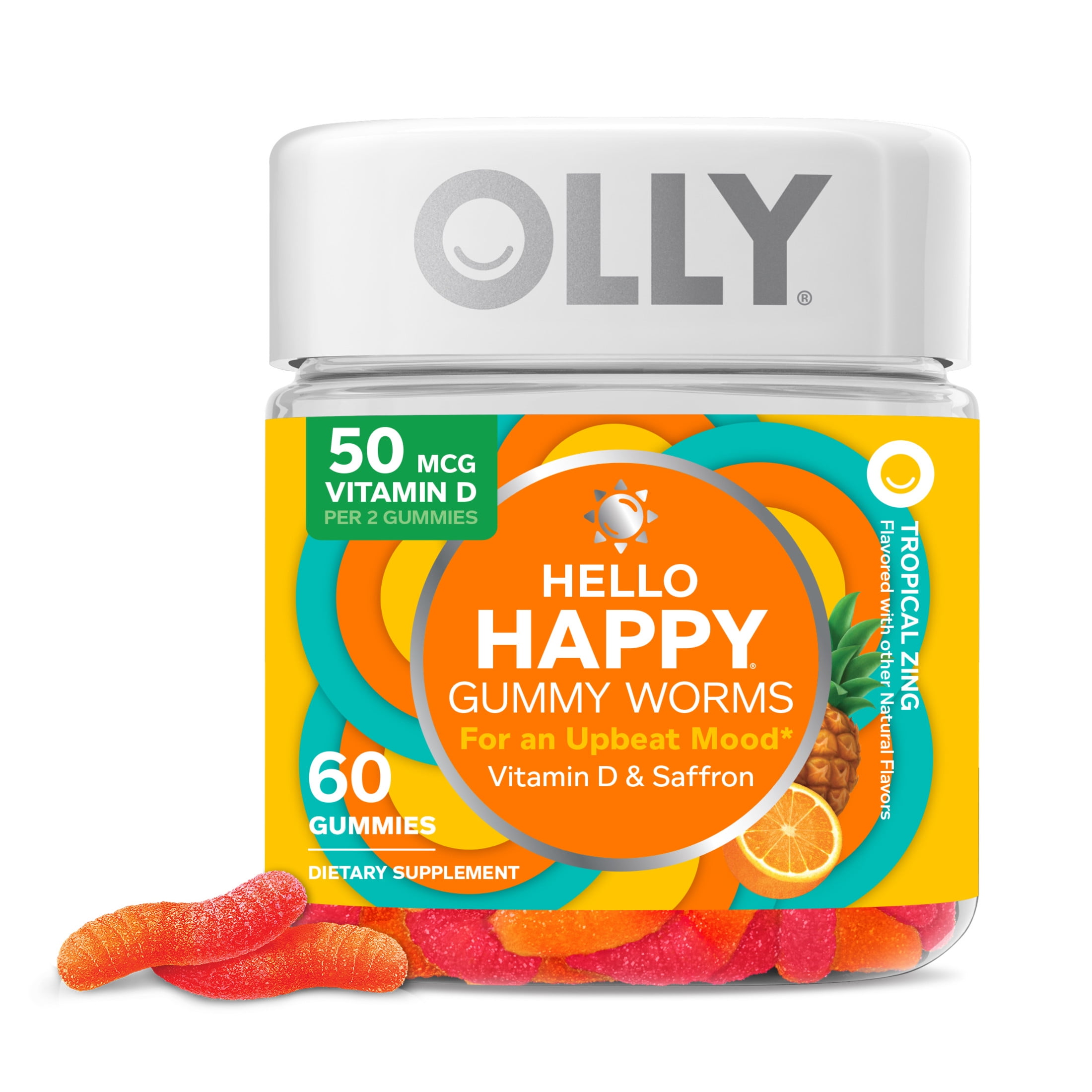 OLLY Hello Happy Gummy Worms Mood Balance Support Supplement Vitamin D Tropical 60 Ct