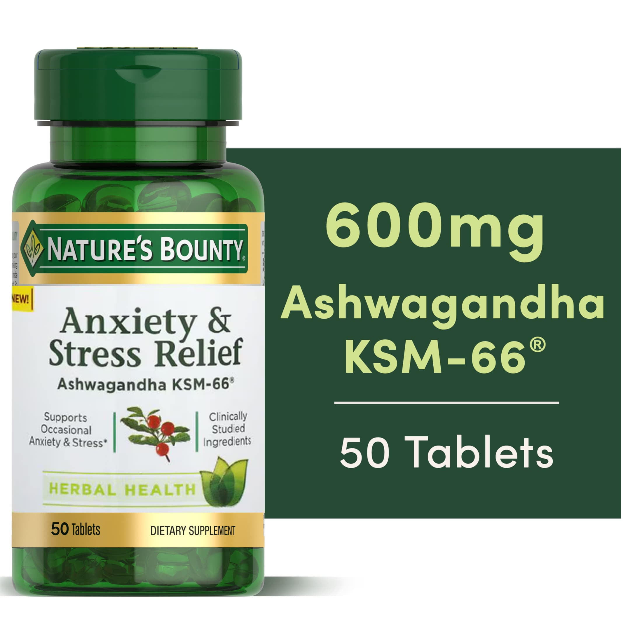 Nature's Bounty Stress Relief Supplement Ashwagandha KSM 66 L Theanine 50 Ct Tablets