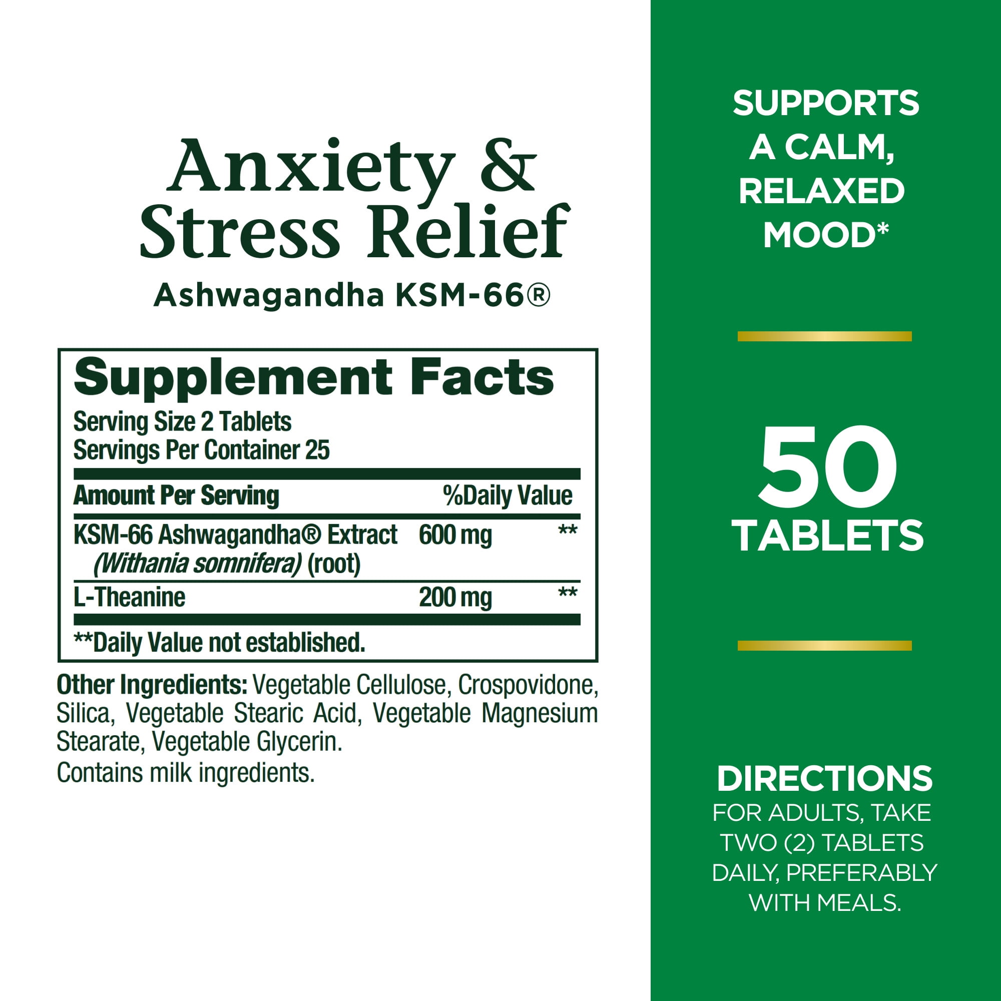 Nature's Bounty Stress Relief Supplement Ashwagandha KSM 66 L Theanine 50 Ct Tablets