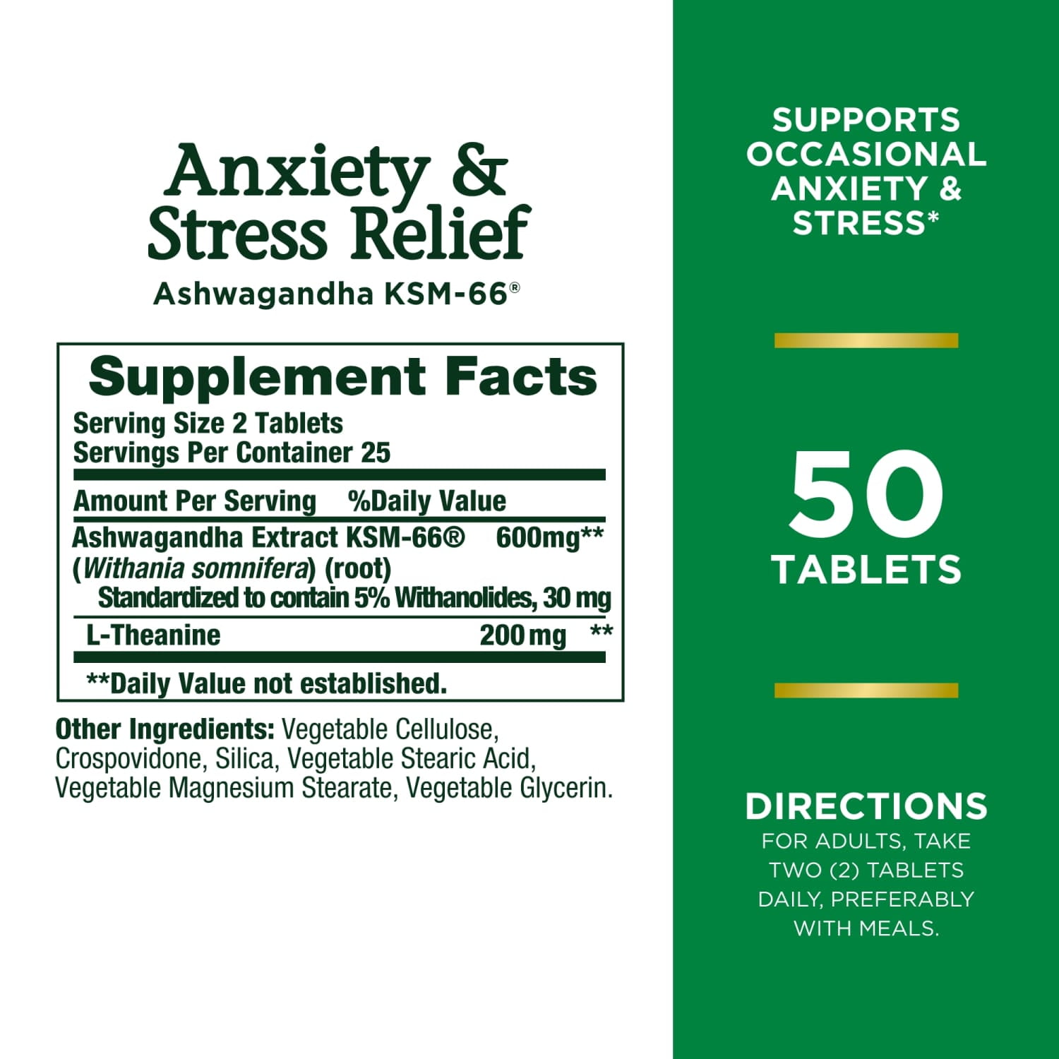 Nature's Bounty Stress Relief Supplement Ashwagandha KSM 66 L Theanine 50 Ct Tablets