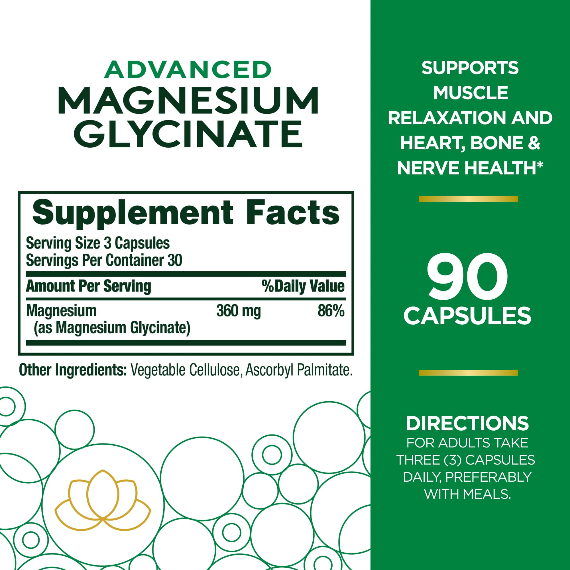 Nature's Bounty Advanced Magnesium Glycinate 360mg 90 Ct for Heart Nerves Muscle Bone Health Support