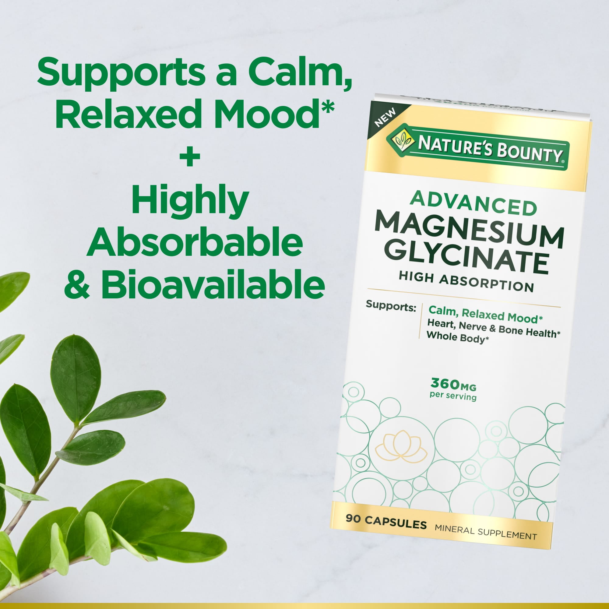 Nature's Bounty Advanced Magnesium Glycinate 360mg 90 Ct for Heart Nerves Muscle Bone Health Support