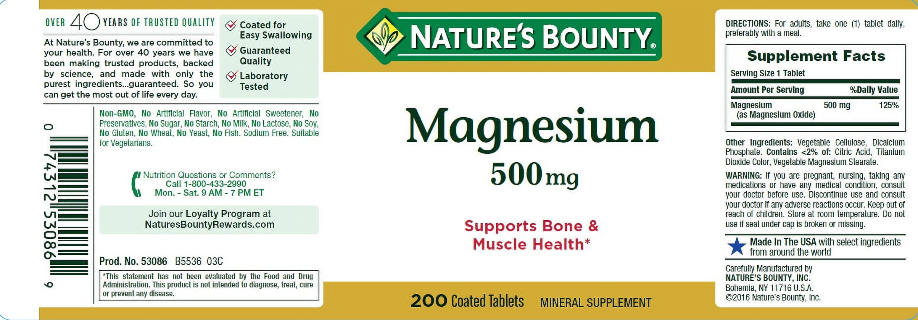 Nature's Bounty Magnesium 500mg Supplement 200 Tablets