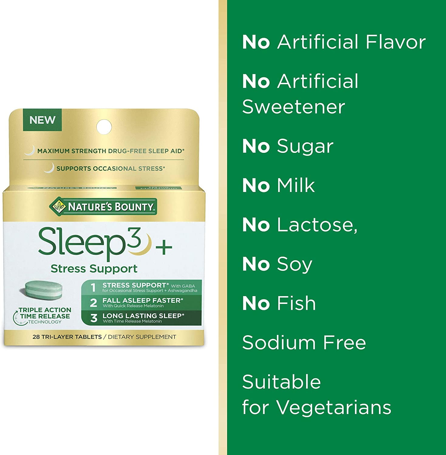 Nature’s Bounty Sleep3 Sleep Aid Melatonin Relaxation Stress Relief Tri-Layered Tablets 10 Mg 28 Ct