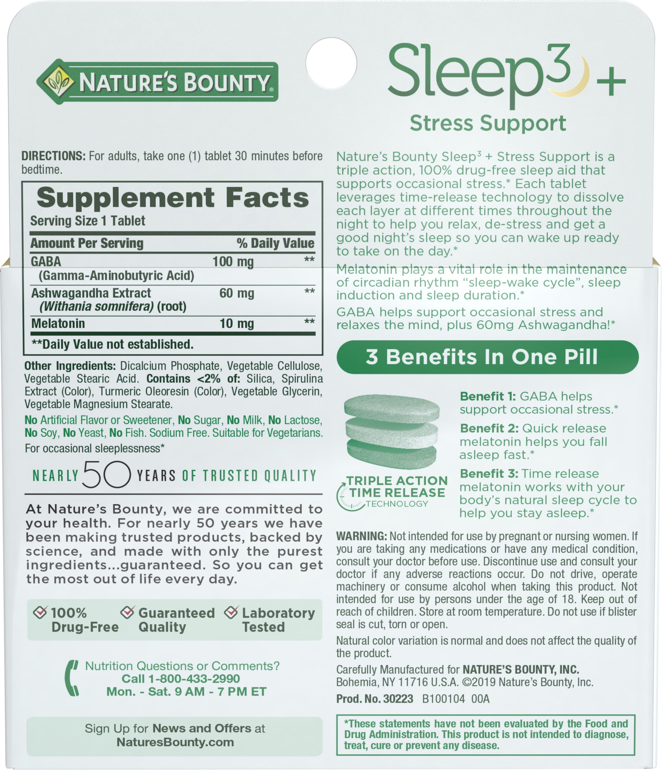 Nature’s Bounty Sleep3 Sleep Aid Melatonin Relaxation Stress Relief Tri-Layered Tablets 10mg 28 Ct