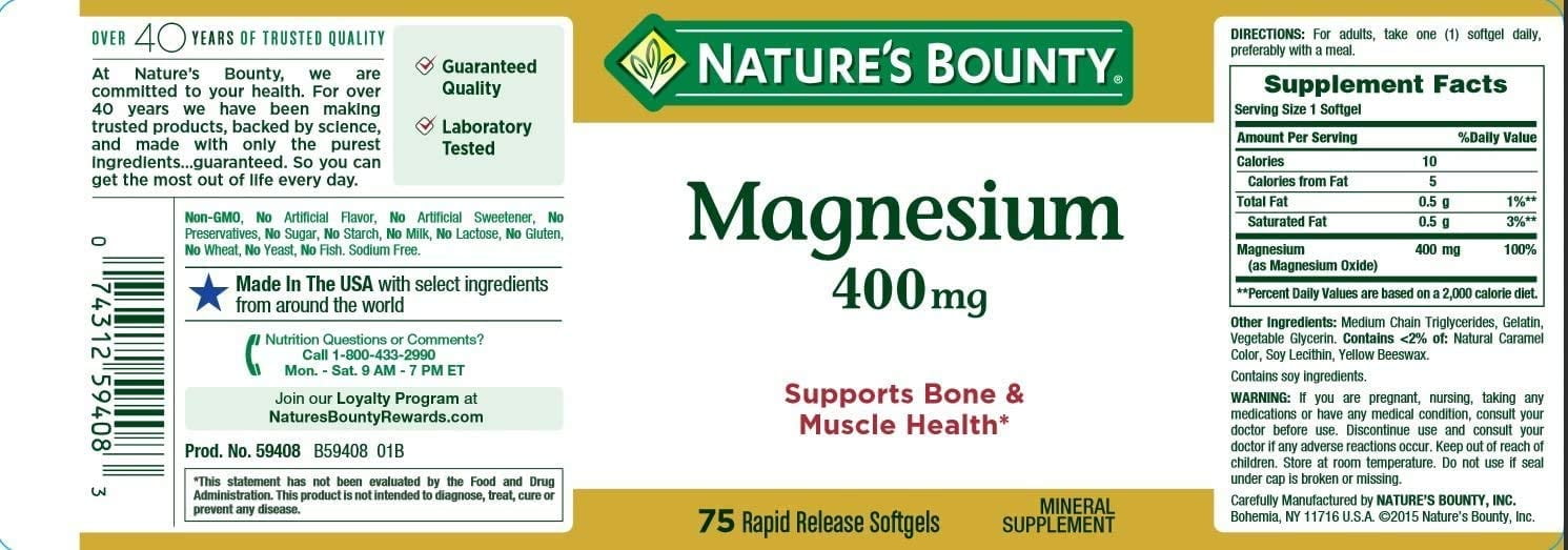 Nature's Bounty Magnesium 400mg Softgel 75 ea Pack of 4