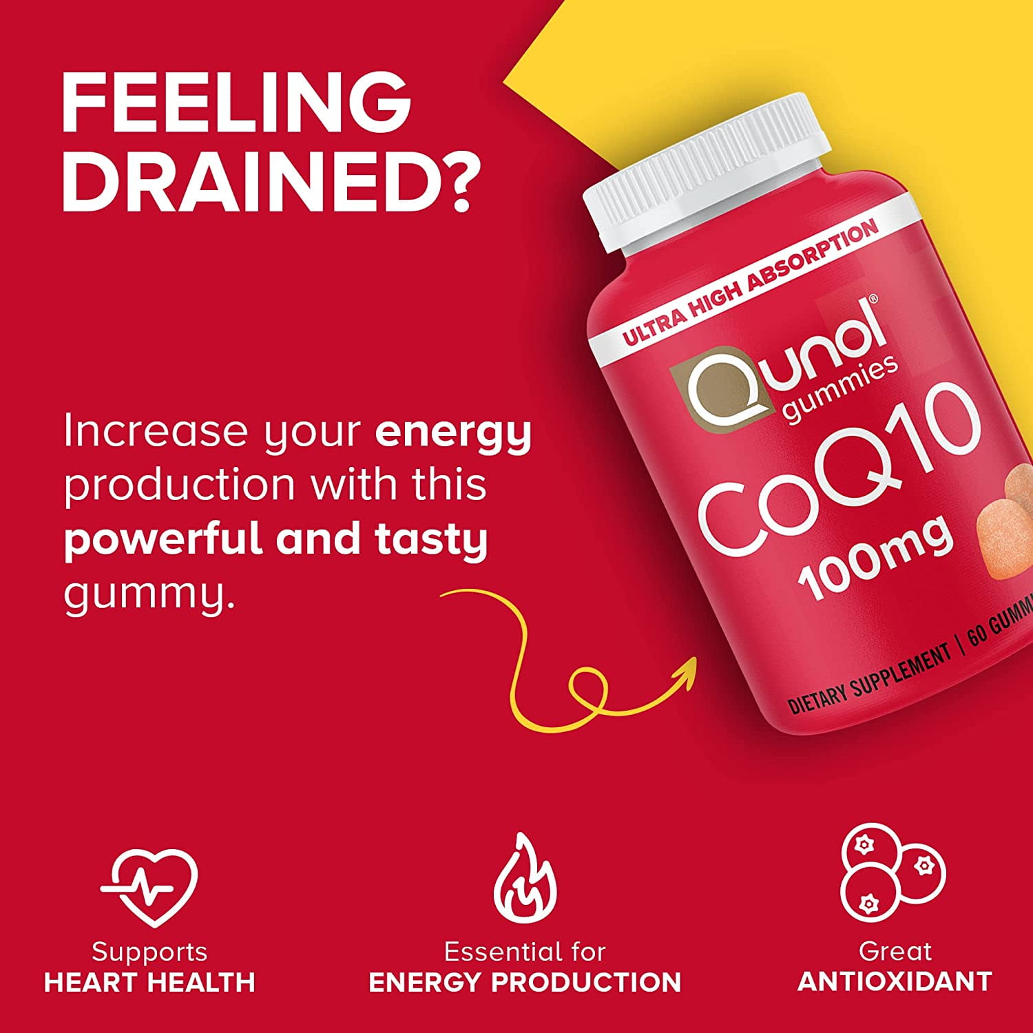 Qunol CoQ10 Gummies 100mg Ultra High Absorption Heart Health Supplement 60 Count