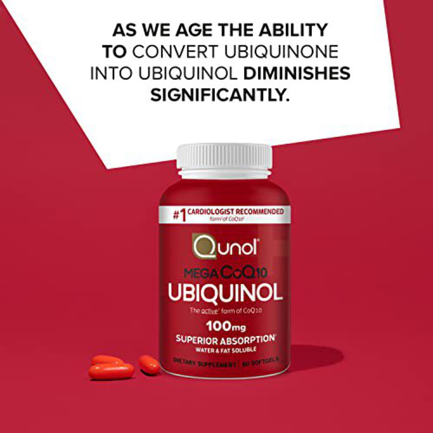 Qunol Mega Ubiquinol CoQ10 Softgels 100mg Heart Health Antioxidant Supplement 60 Count