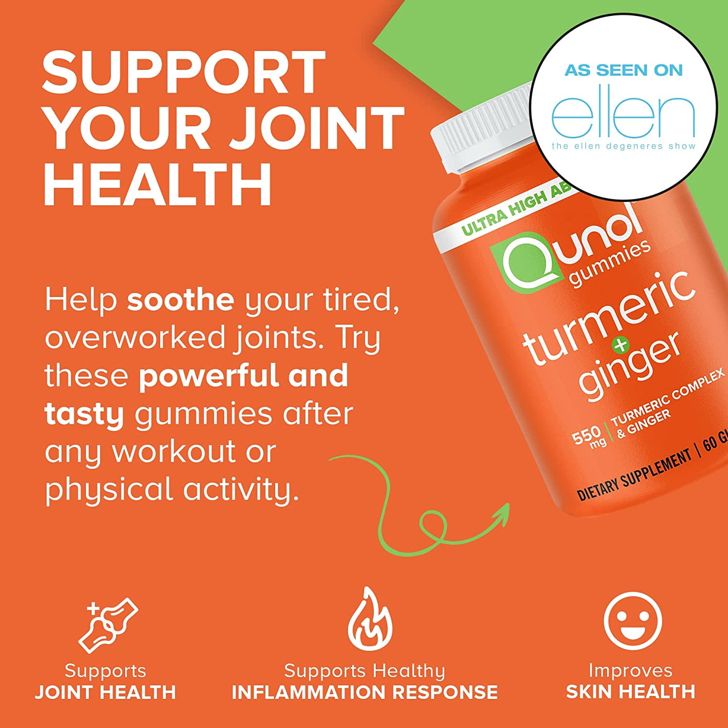 Qunol Turmeric Ginger Gummies 500mg + 50mg Joint Support Supplement Ultra High Absorption Tumeric Ginger