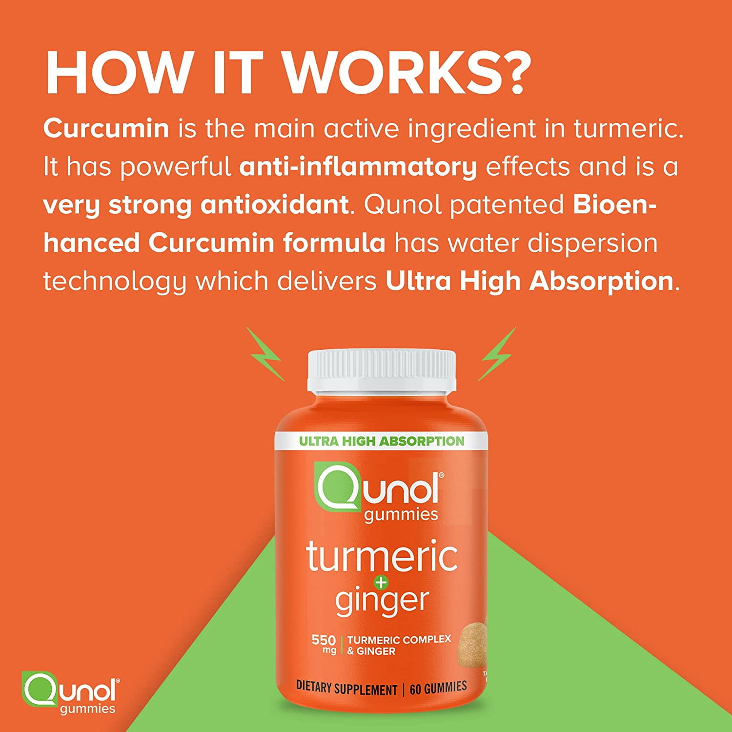 Qunol Turmeric Ginger Gummies 500mg + 50mg Joint Support Supplement Ultra High Absorption Tumeric Ginger
