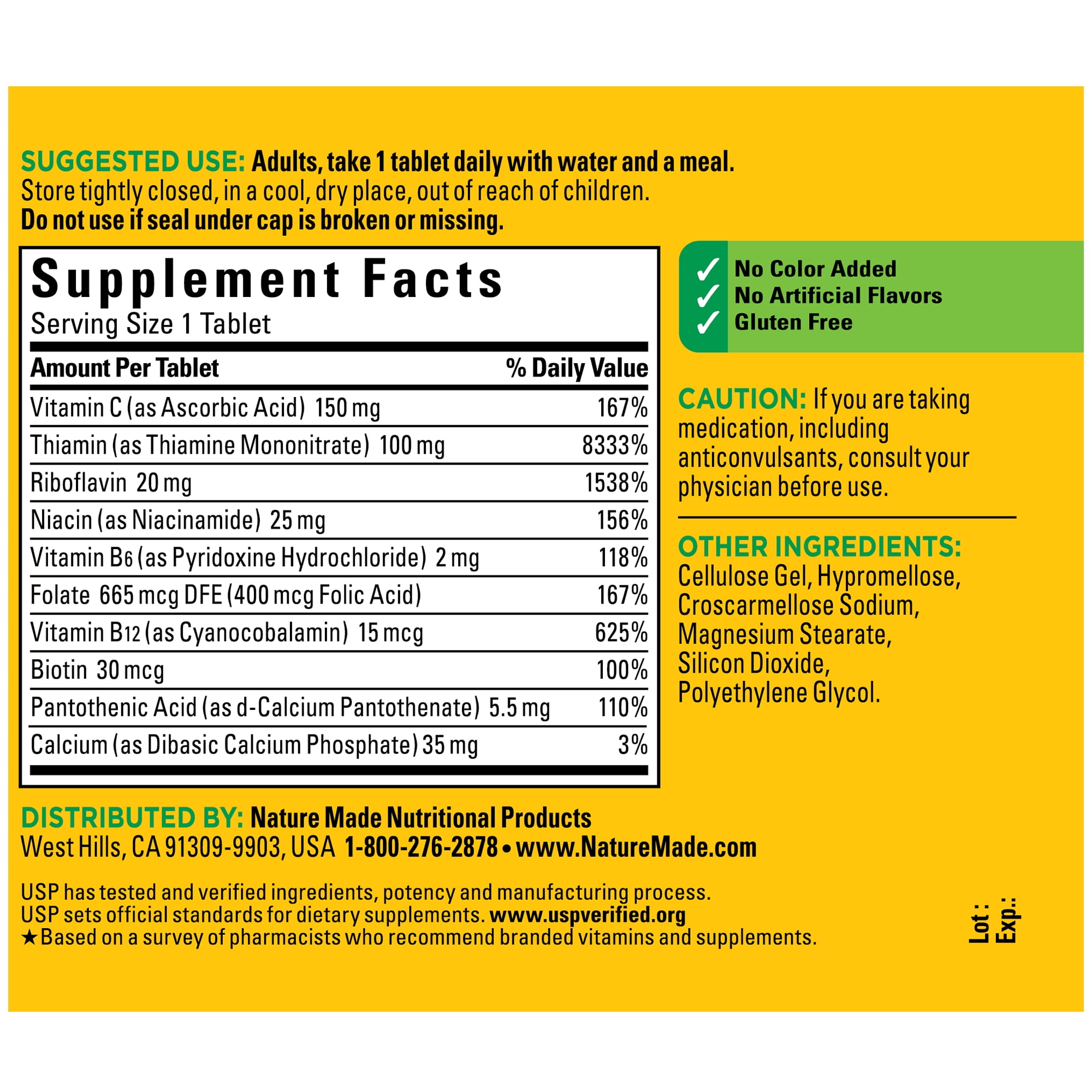 Nature Made Super B Complex Vitamin C Folic Acid Tablets Dietary Supplement 160 Count