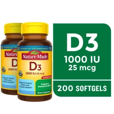 Nature Made Vitamin D3 1000 IU Softgels for Bone and Immune Health Support 200 Count Twin Pack
