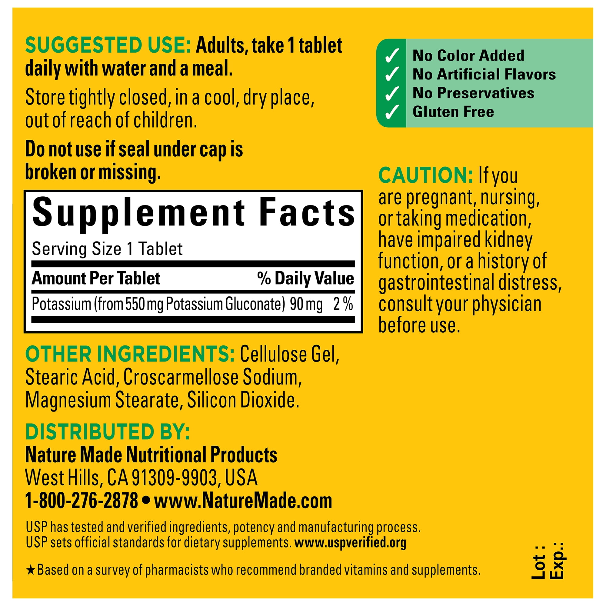 Nature Made Potassium Gluconate 550mg 100 Ct Tablets