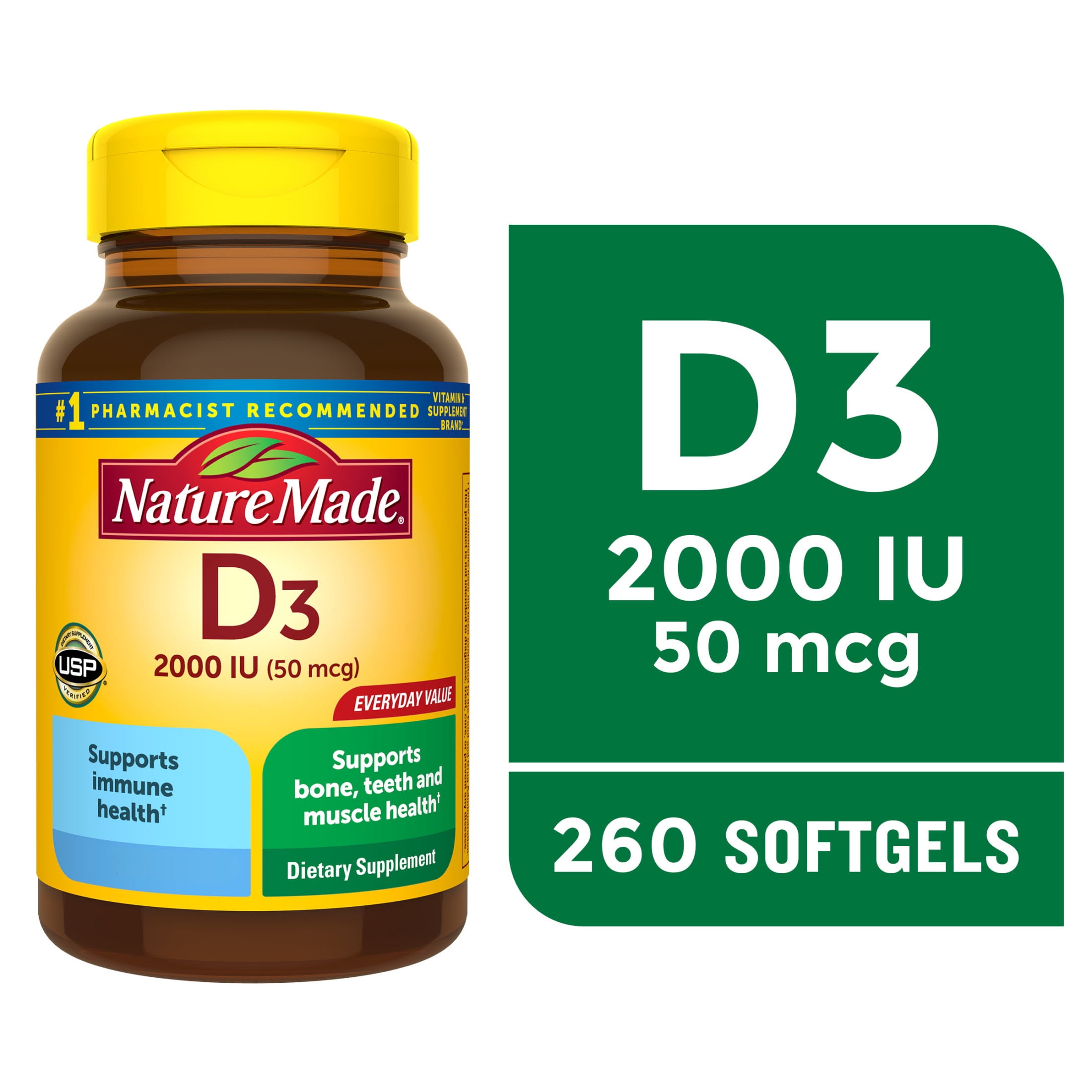 Nature Made D3 2000 IU Softgels Dietary Supplement for Bone Immune Health 260 Count