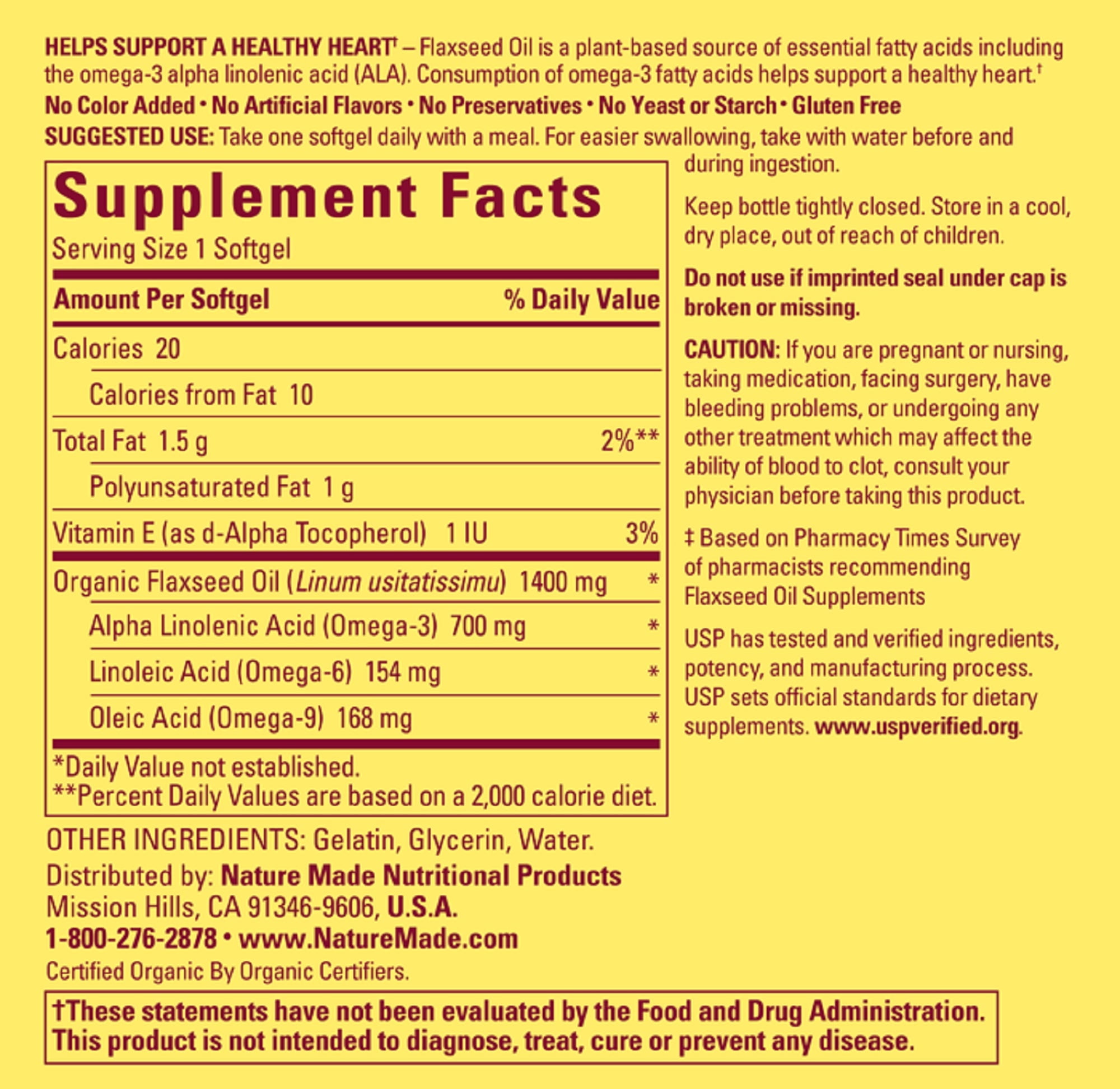 Nature Made Organic Flaxseed Oil 1400mg Omega 3 6 9 Heart Health 300 Softgels Pack of 2