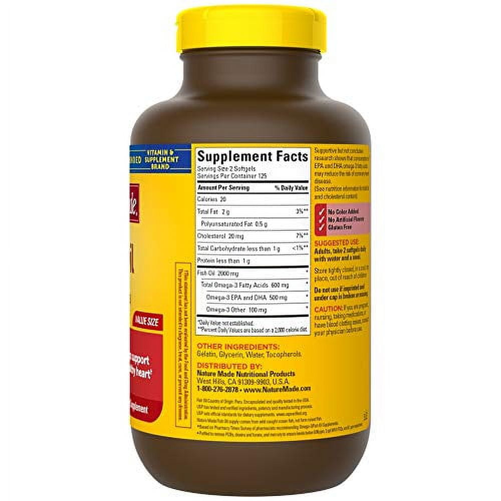 Nature Made Fish Oil 1000 mg 250 Softgels Value Size Omega 3 Supplement For Heart Health