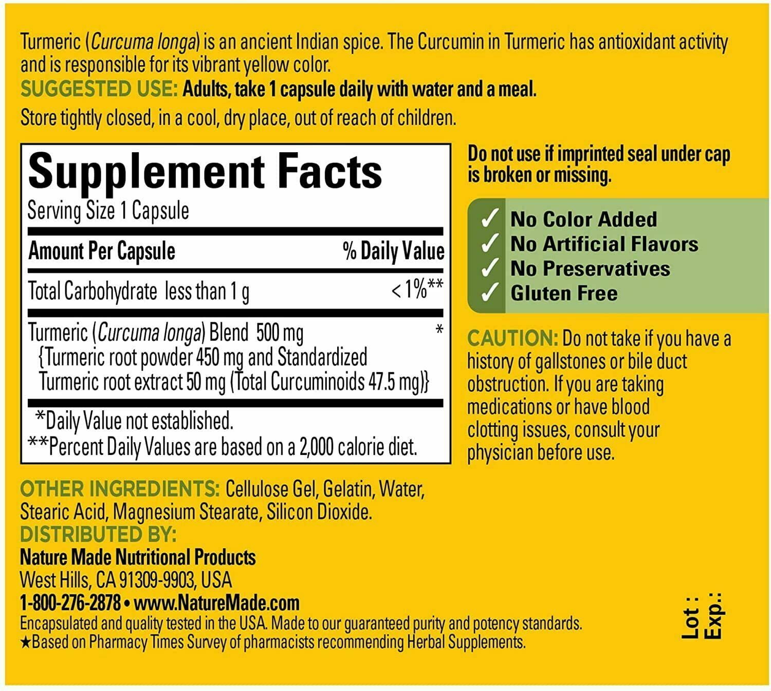 Nature Made Turmeric 500mg Capsules 60 Each Pack of 6