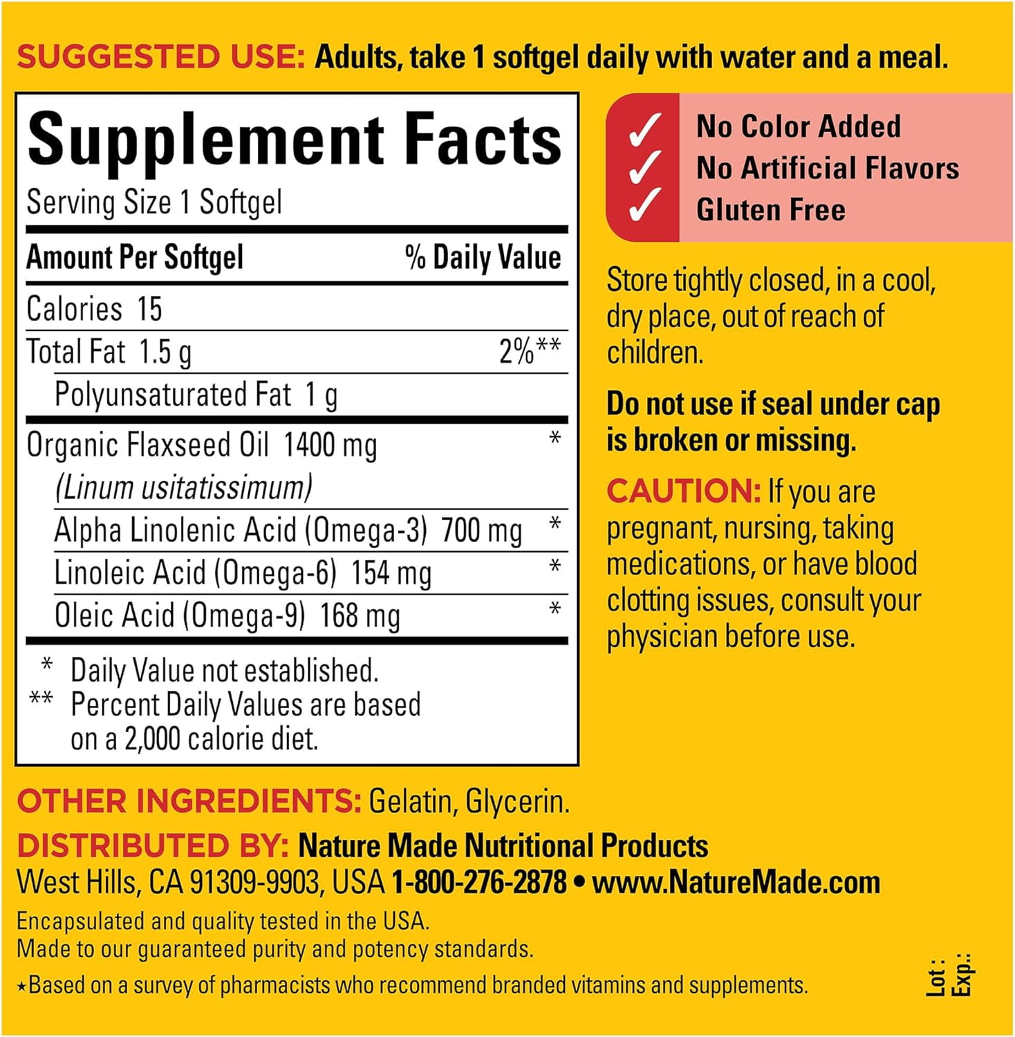 Nature Made Extra Strength Flaxseed Oil 1400 mg Fish Free Omega 3 Heart Health Support Supplement 100 Softgels 100 Day Supply