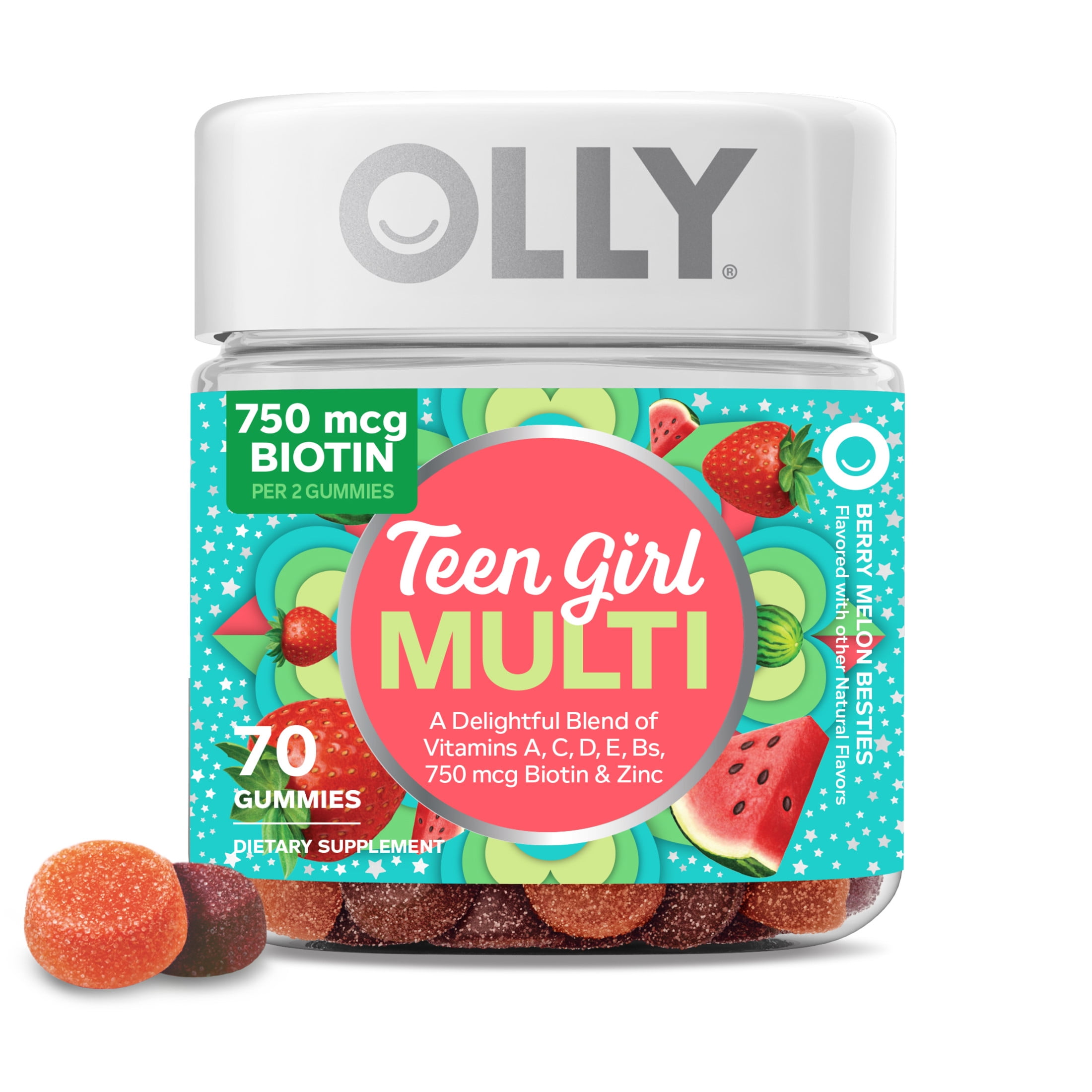 OLLY Teen Girl Strawberry Melon Gummies 70 Ct Organic Multivitamin