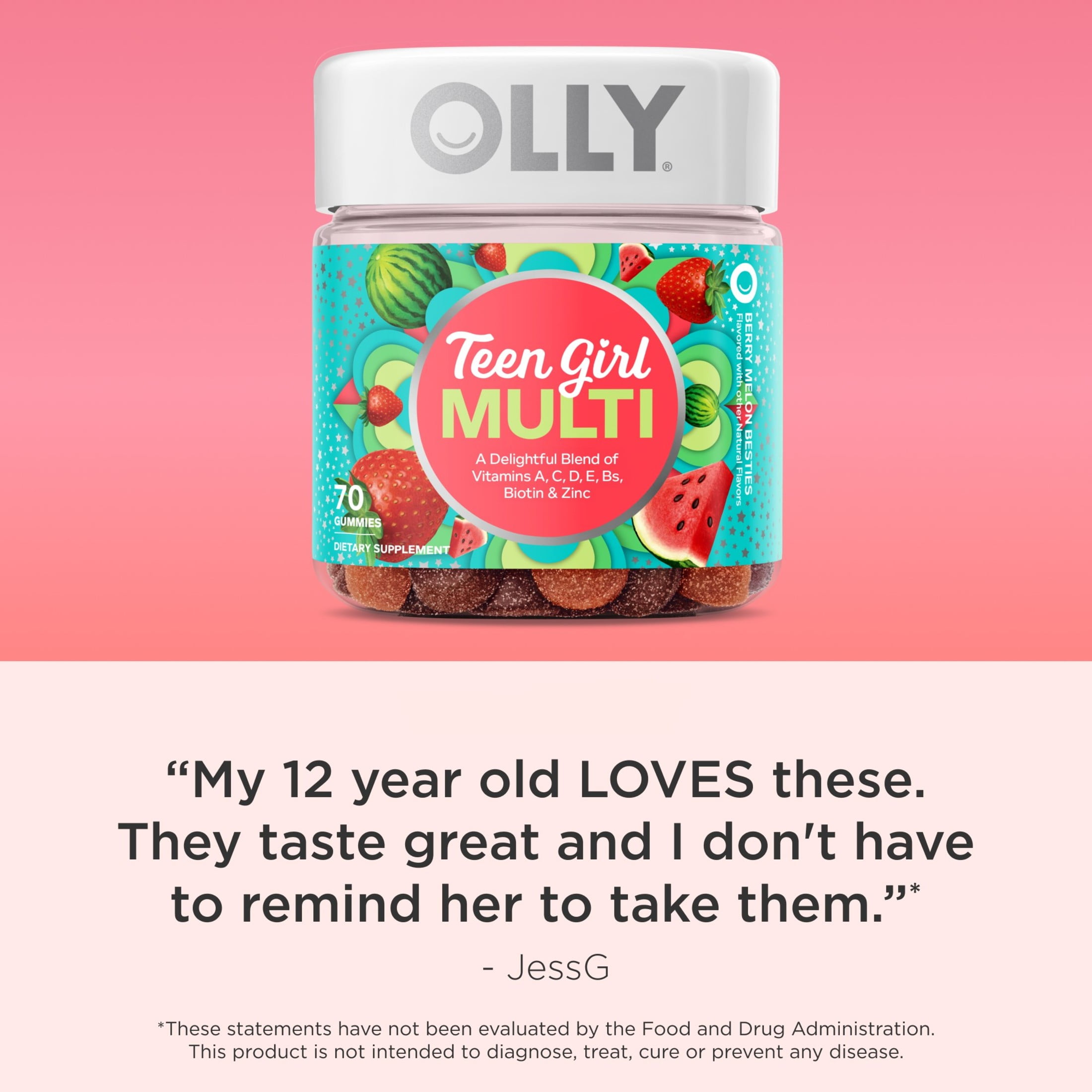 OLLY Teen Girl Strawberry Melon Gummies 70 Ct Organic Multivitamin