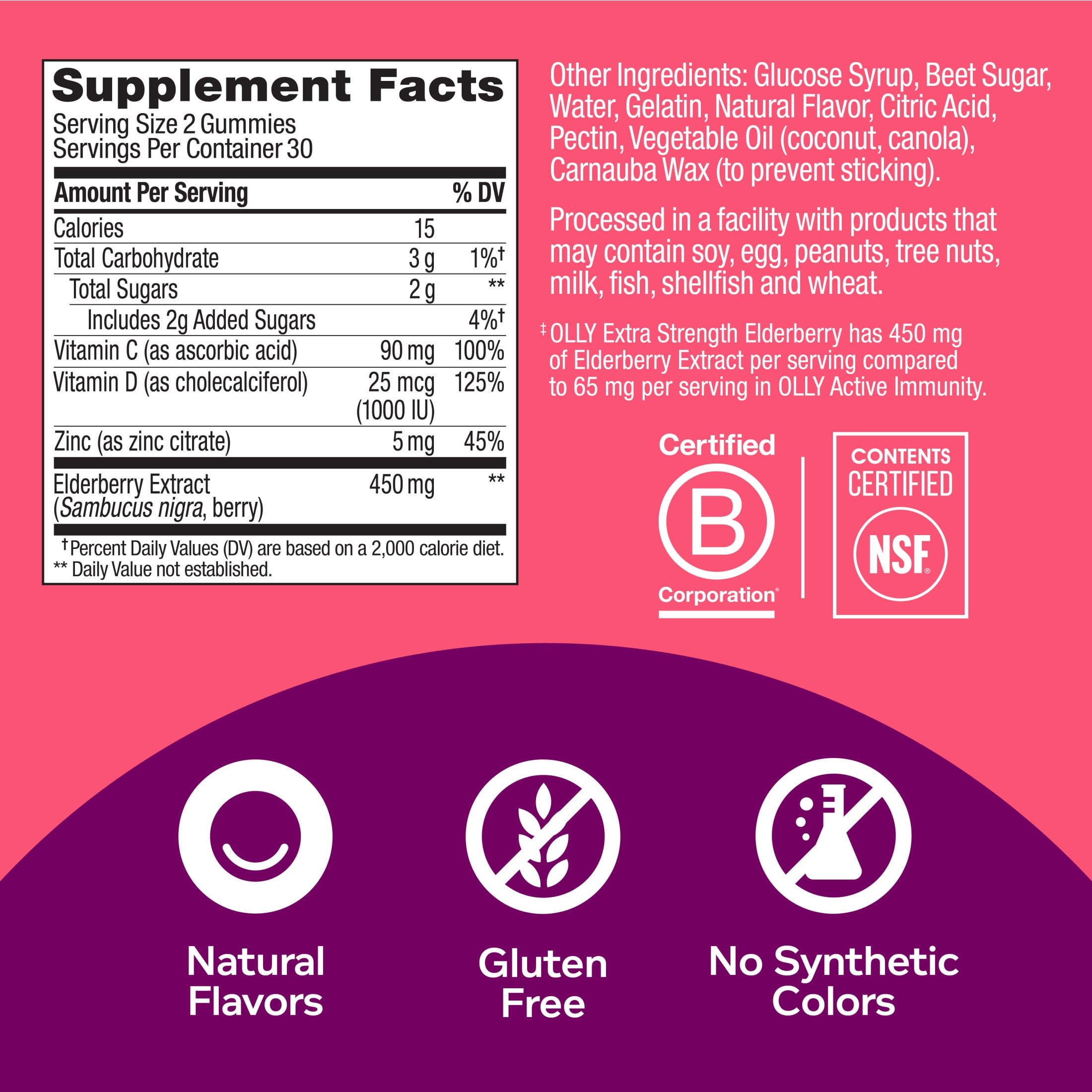 OLLY Extra Strength Elderberry Gummies Immune Support Vitamin C D Zinc Berry 60 ct