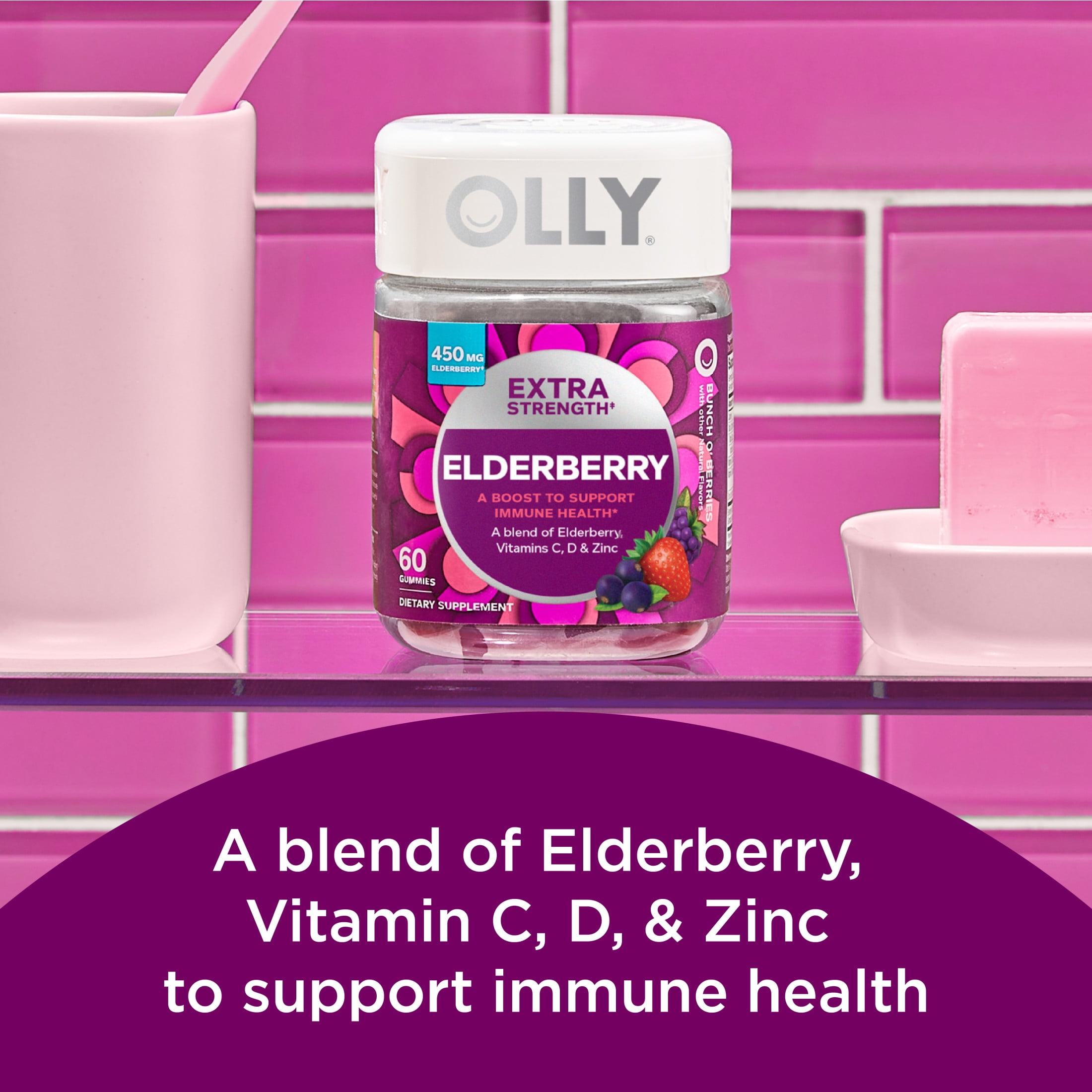 OLLY Extra Strength Elderberry Gummies Immune Support Vitamin C D Zinc Berry 60 ct