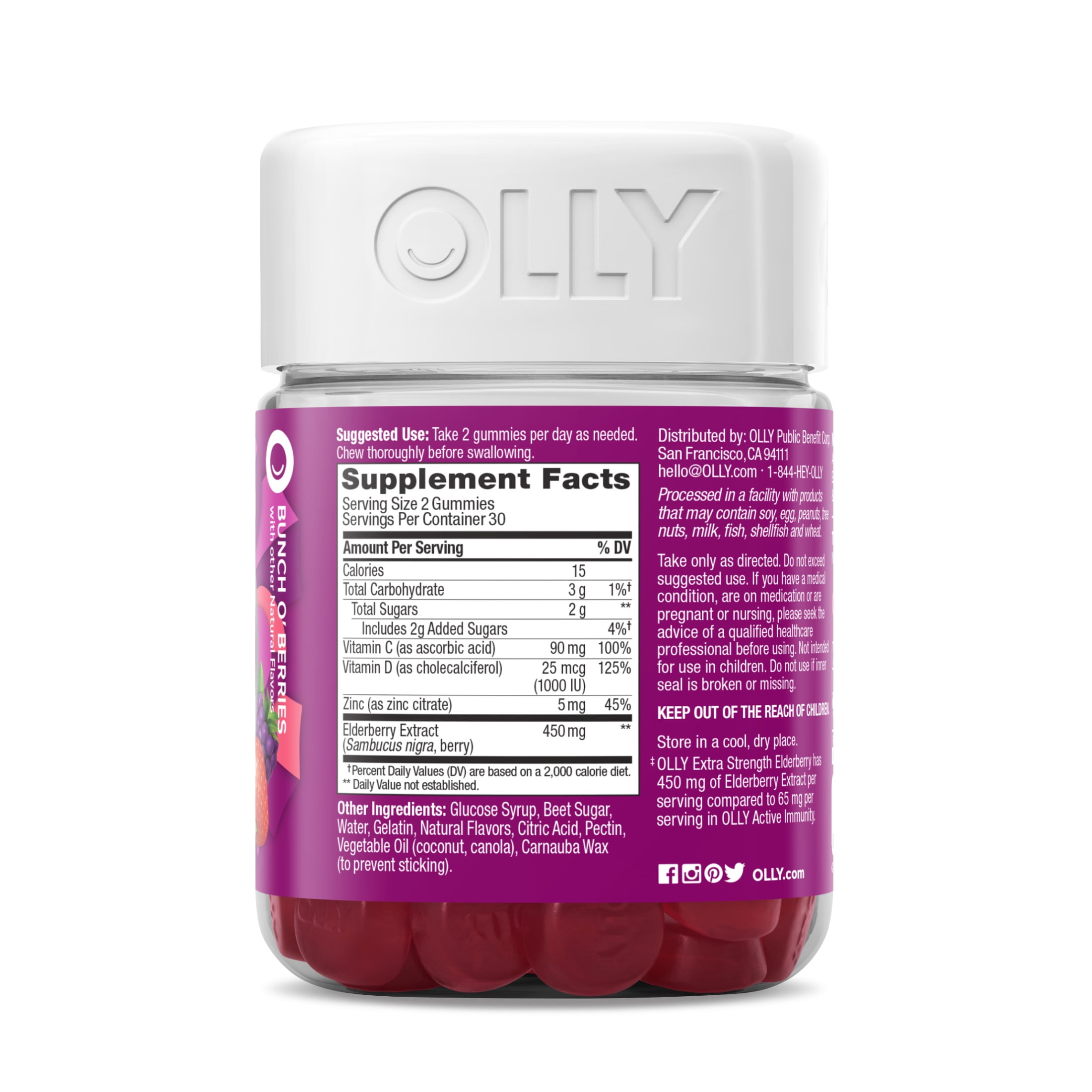 OLLY Extra Strength Elderberry Gummies Immune Support Vitamin C D Zinc Berry 60 ct