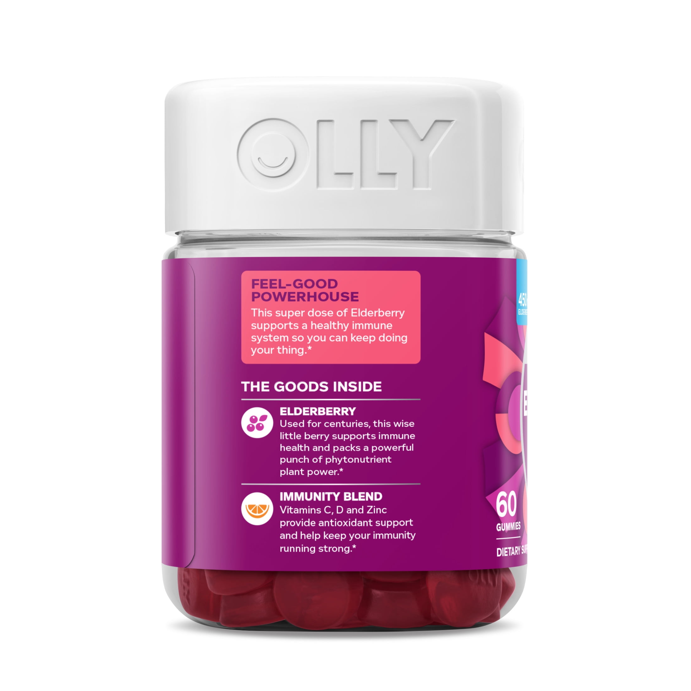 OLLY Extra Strength Elderberry Gummies Immune Support Vitamin C D Zinc Berry 60 ct