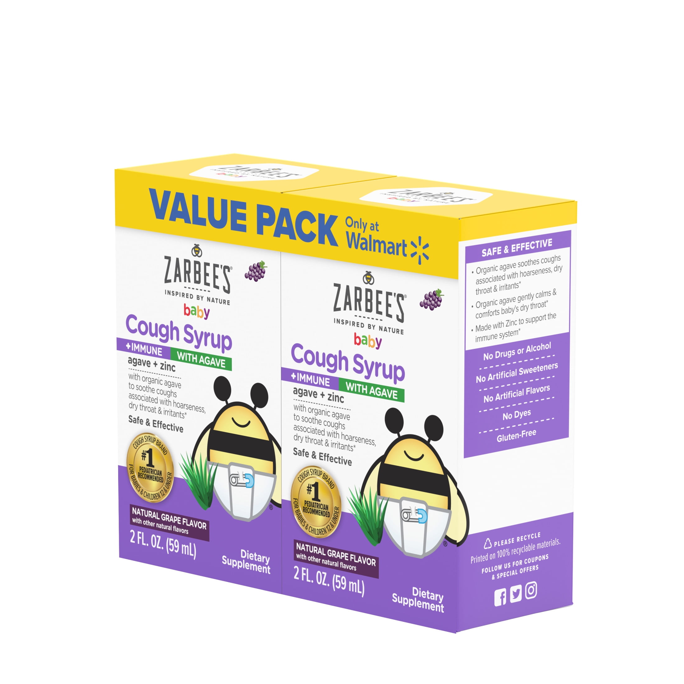 Zarbees Baby Cough Syrup Immune Boosting Grape Flavor 2 x 2 oz