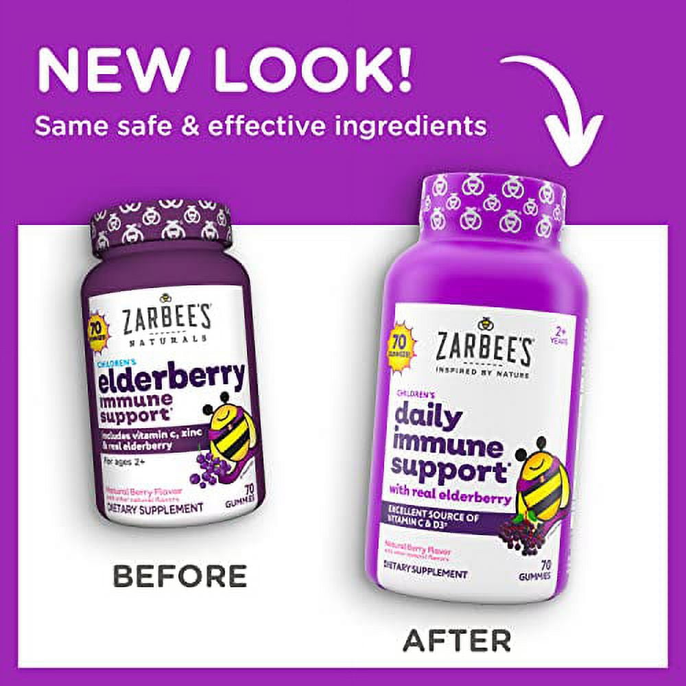 Zarbee's Childrens Elderberry Immune Support Gummies Vitamin C Zinc Natural Berry Flavor 70 Count