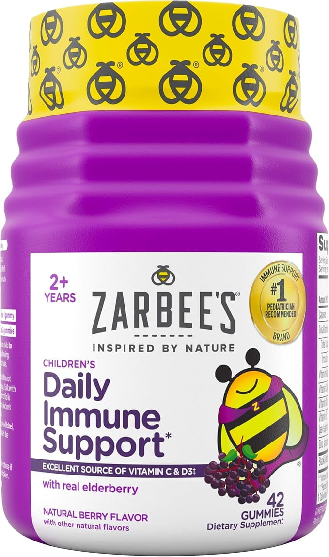 Zarbee's Kids Elderberry Vitamin C Zinc Gummies Immune Support Natural Berry Flavor 42 Count - For Children Ages 2+
