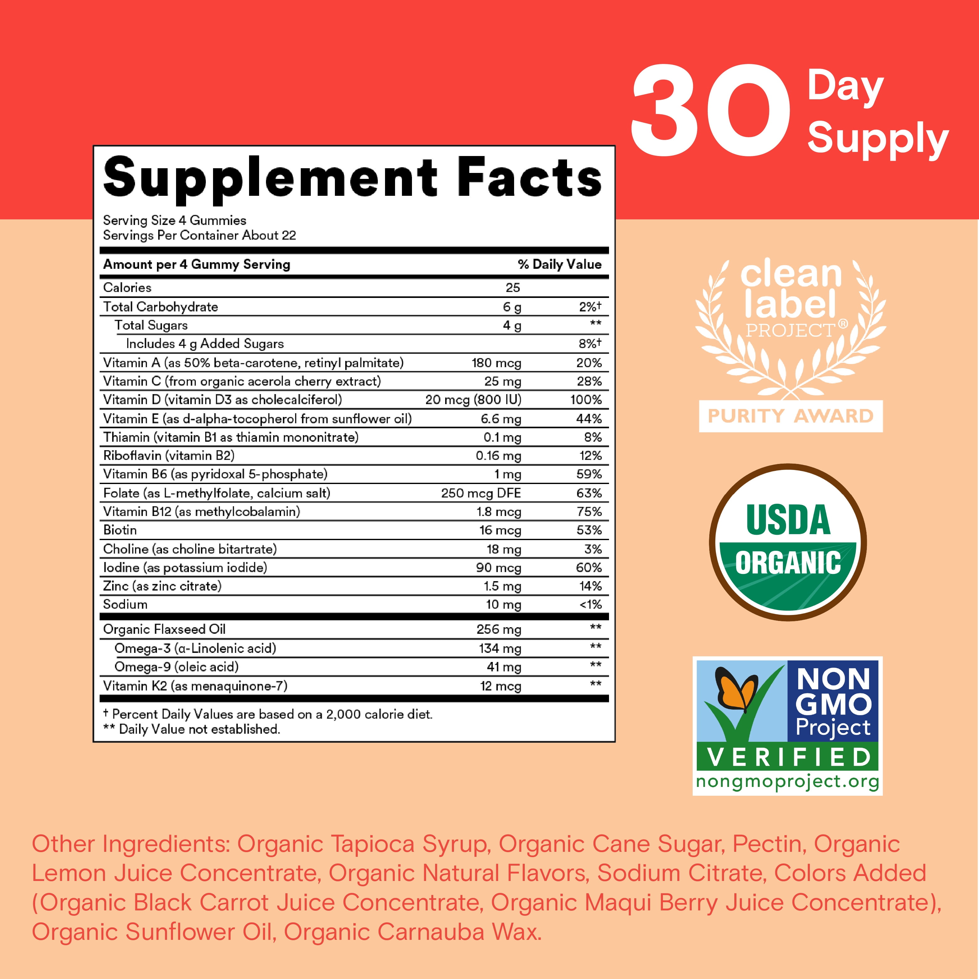 SmartyPants Kids Organic Multi Vegetarian Omega 3 Gummy Vitamins with D3 C B12 120c