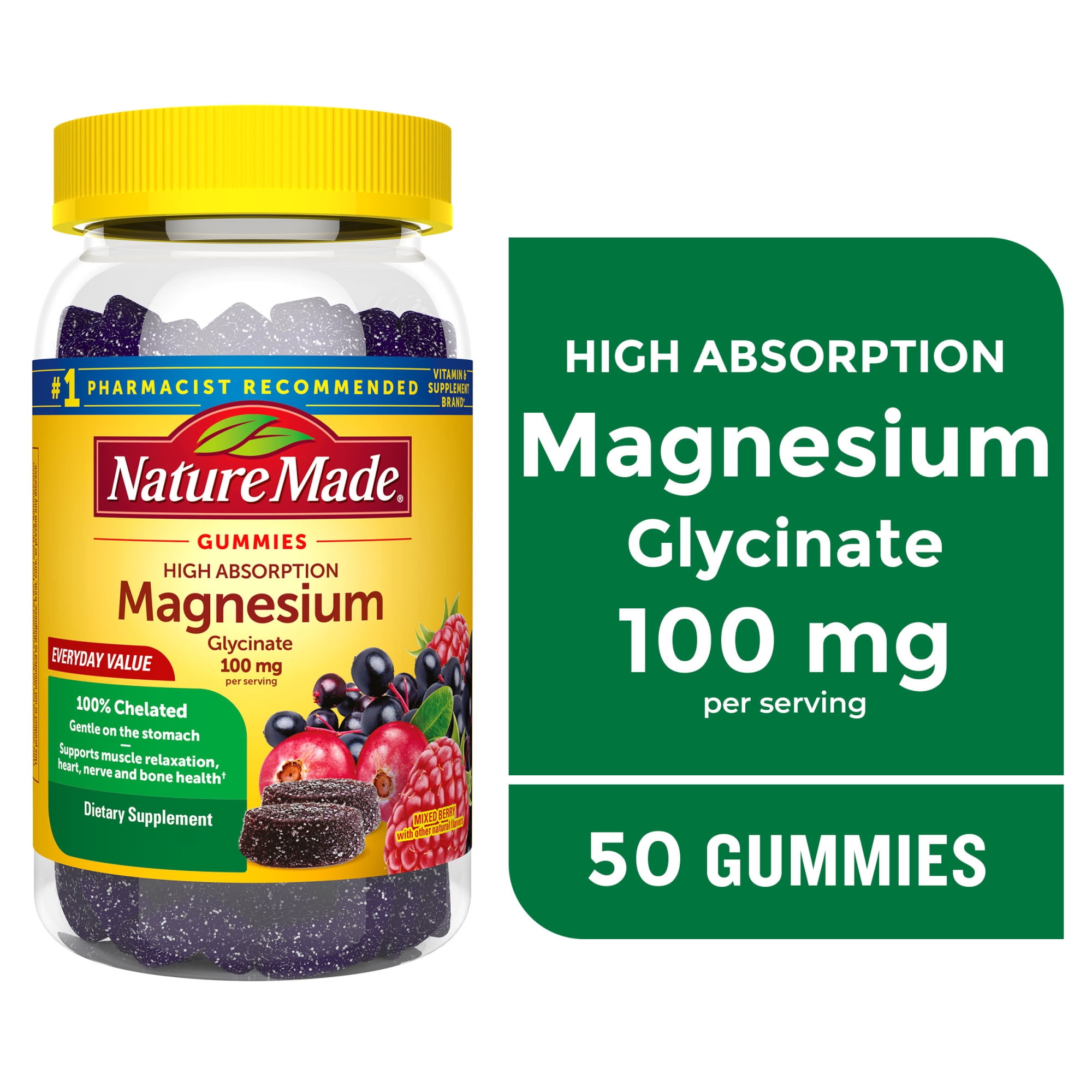Nature Made High Absorption Magnesium Glycinate Bone and Heart Support Magnesium Gummies 50 Ct