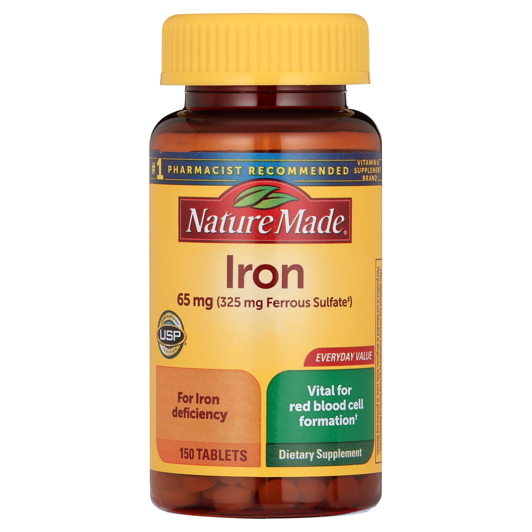 Nature Made Iron 65mg 325mg Ferrous Sulfate Tablets Dietary Supplement 150 Count