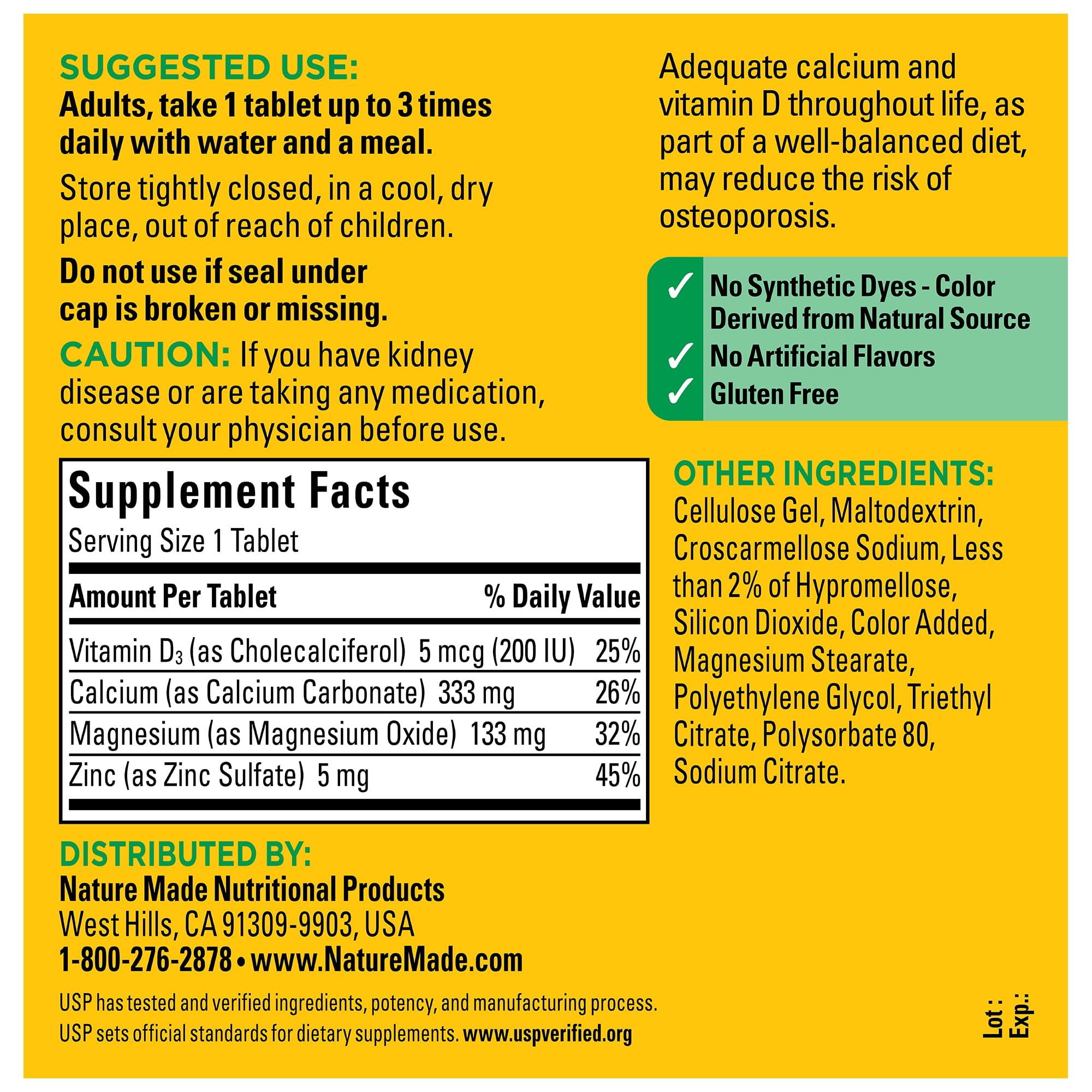 Nature Made Calcium Magnesium Zinc Vitamin D3 Tablets Dietary Supplement 330 Count