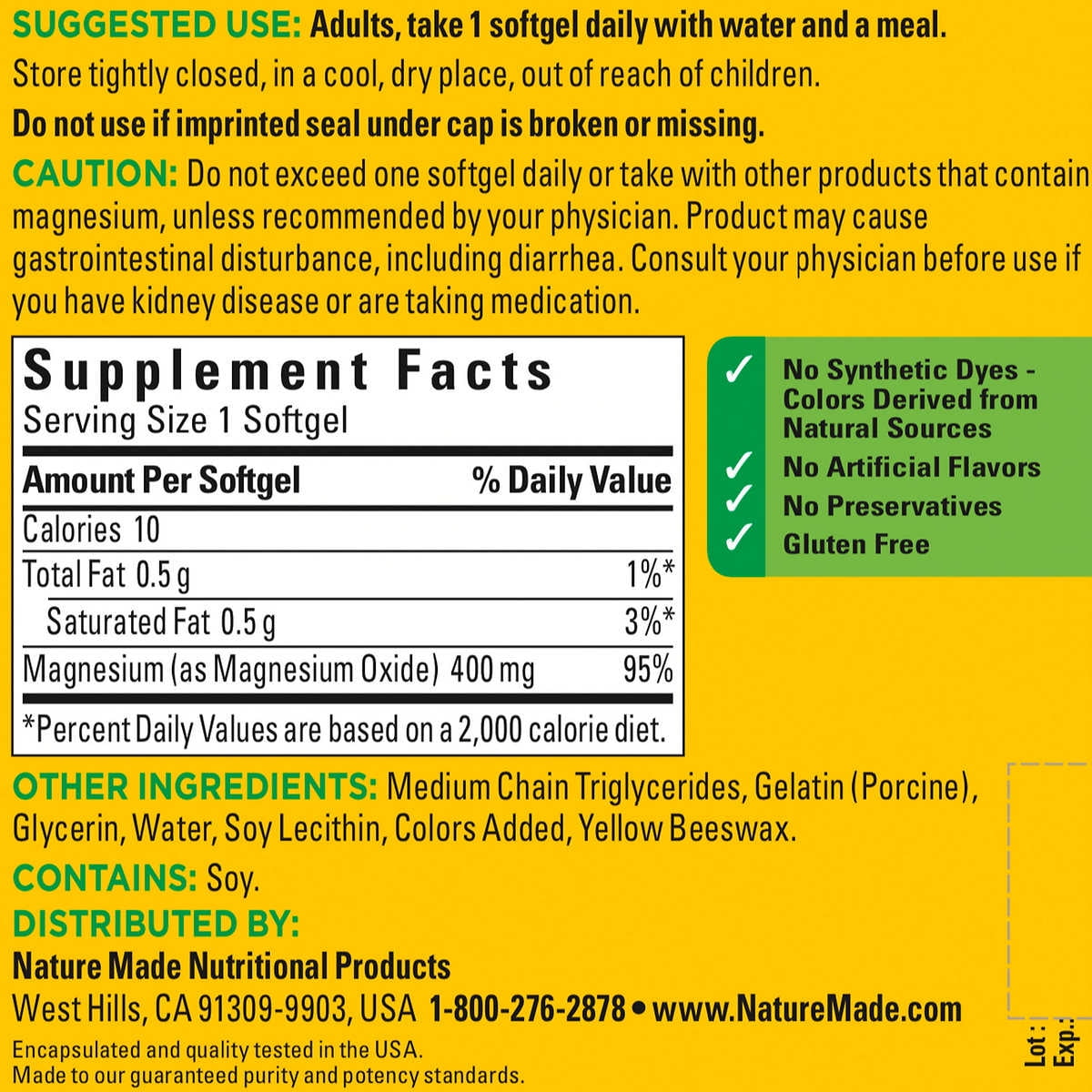 Nature Made Extra Strength Magnesium 400mg 180 Softgels Supplement