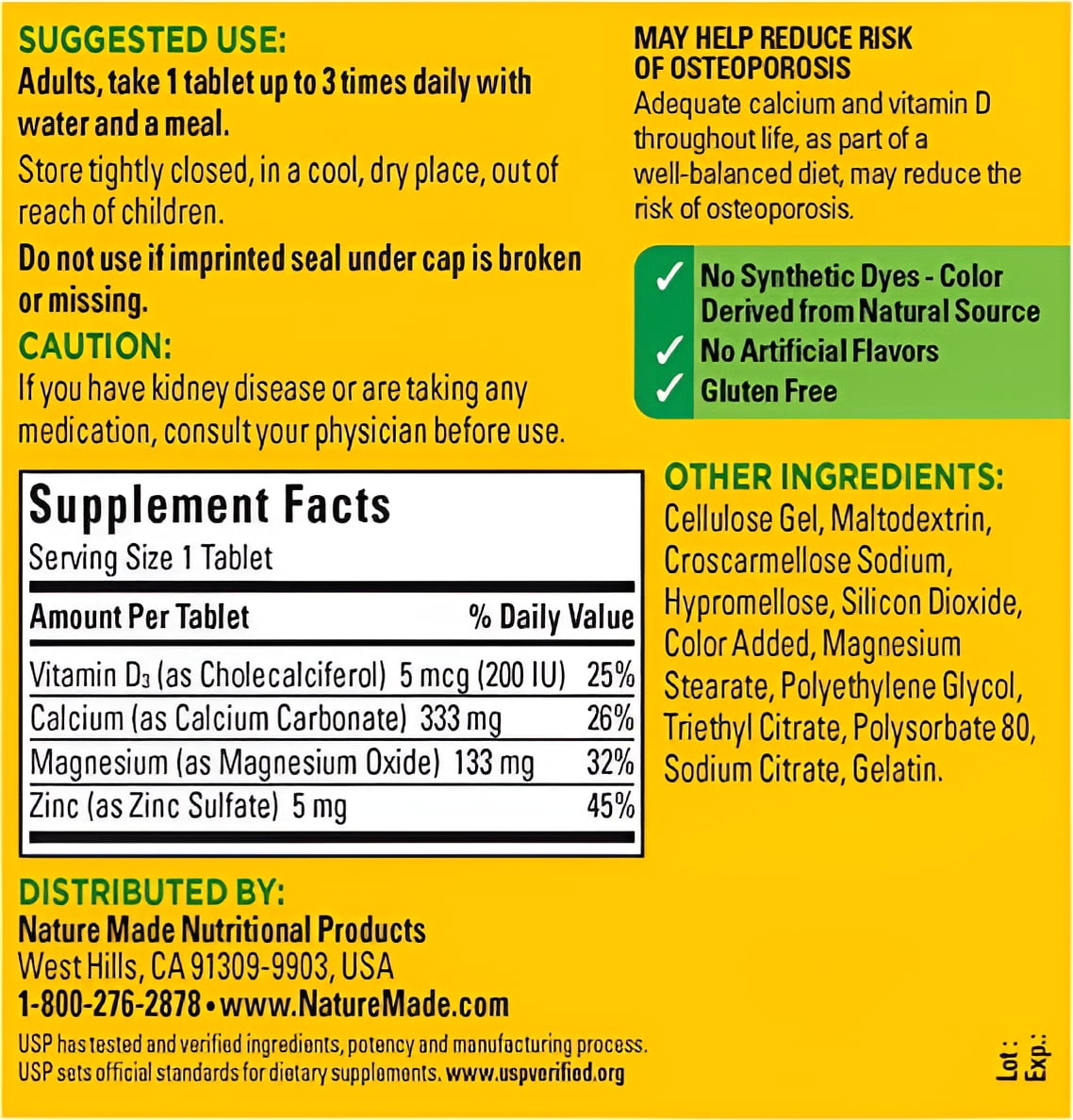 Nature Made Calcium Magnesium Zinc Vitamin D3 Bone Support 300 Tablets