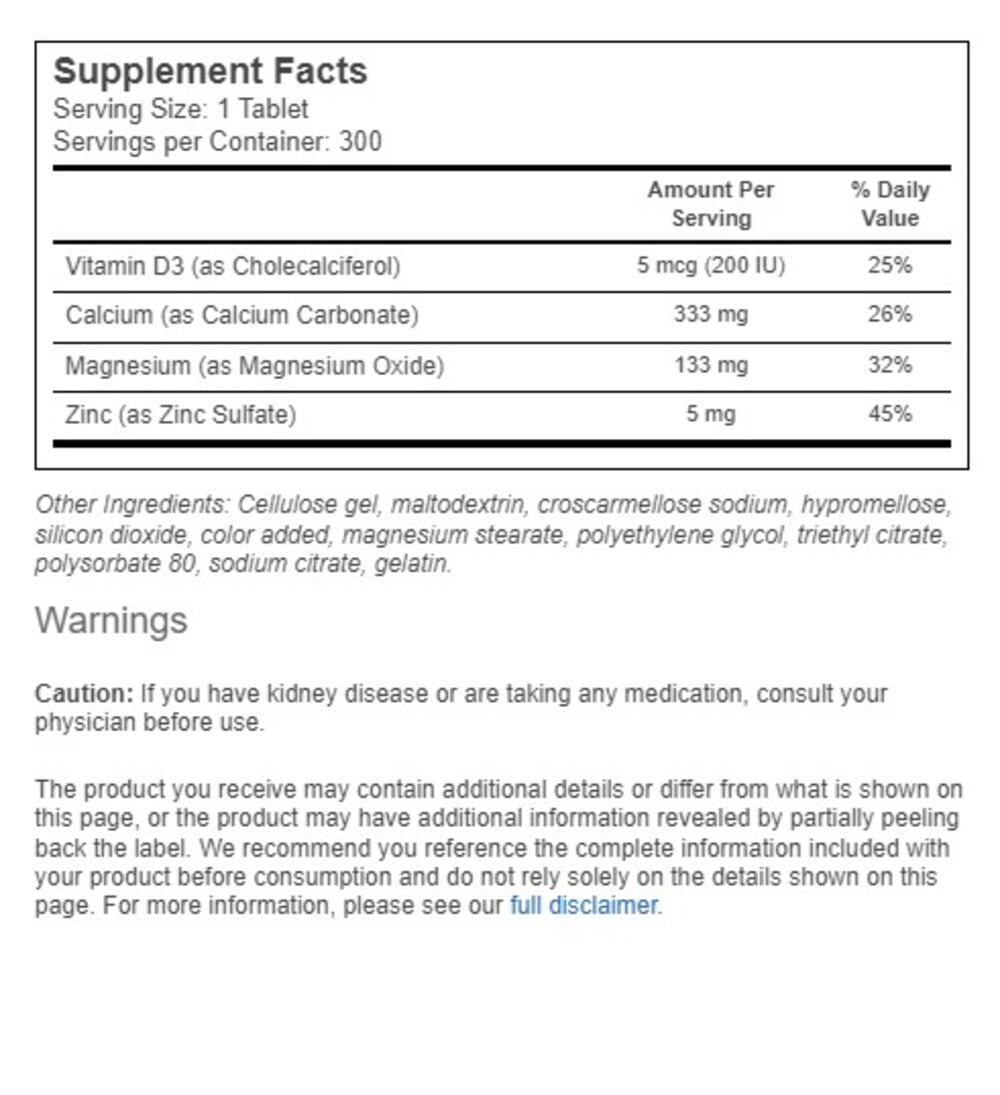 Nature Made Calcium Magnesium Zinc Vitamin D3 Bone Support 300 Tablets
