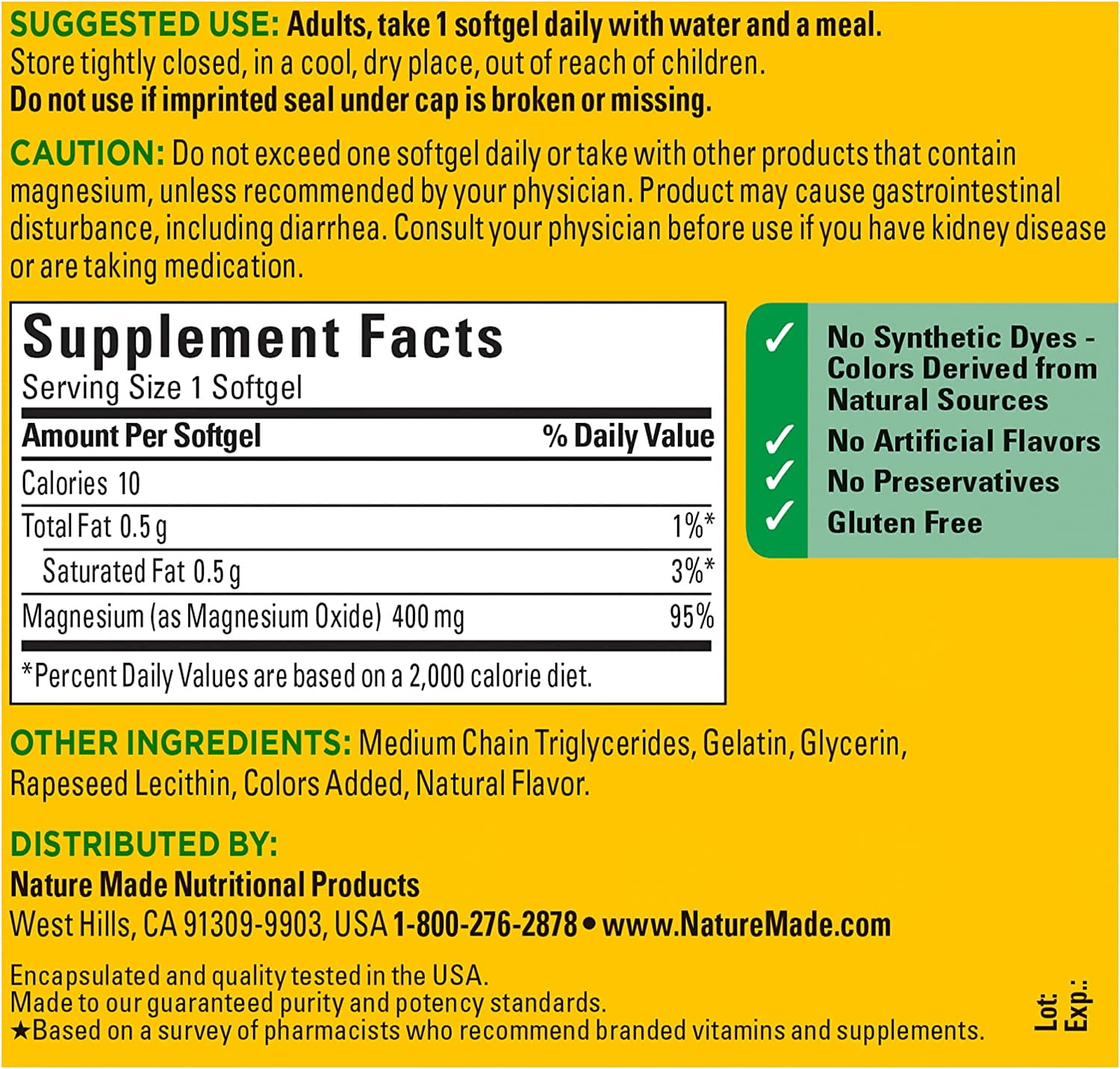 Nature Made Extra Strength Magnesium Oxide 400mg Dietary Supplement Muscle Support 110 Count