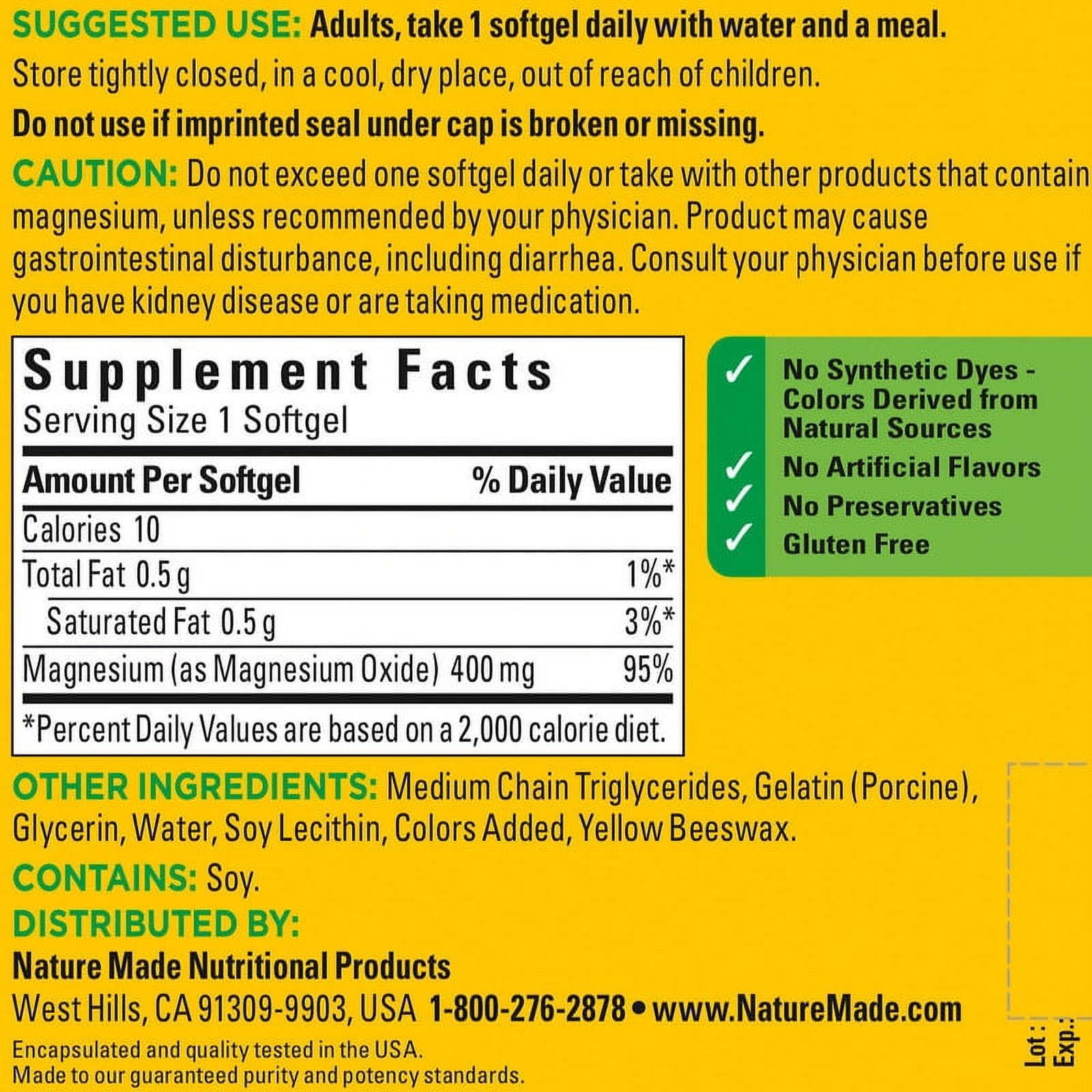 Nature Made Extra Strength Magnesium 400mg 180 Softgels 2 Pack