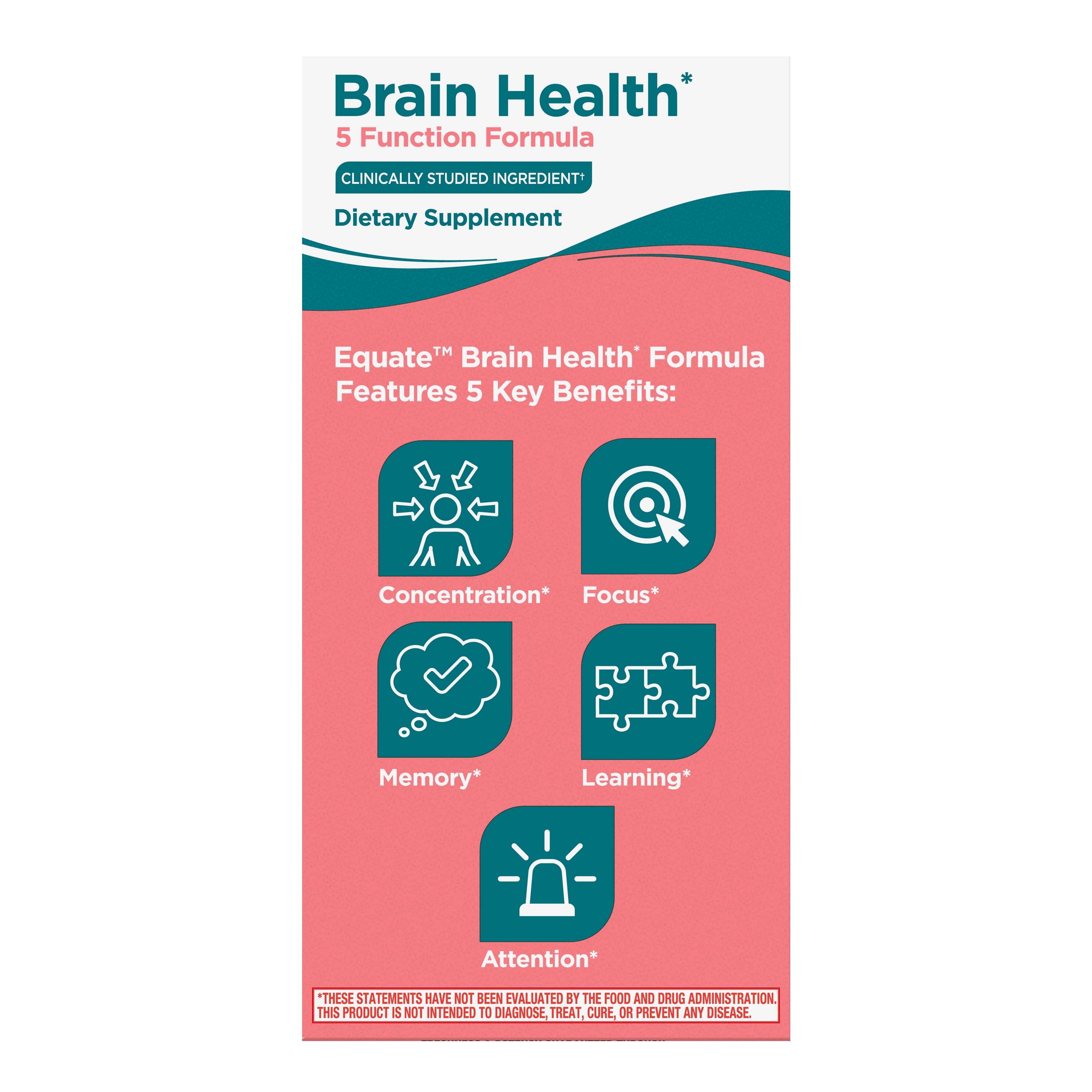 Equate Brain Health 5 Function Formula Capsules Dietary Supplement 30 Count