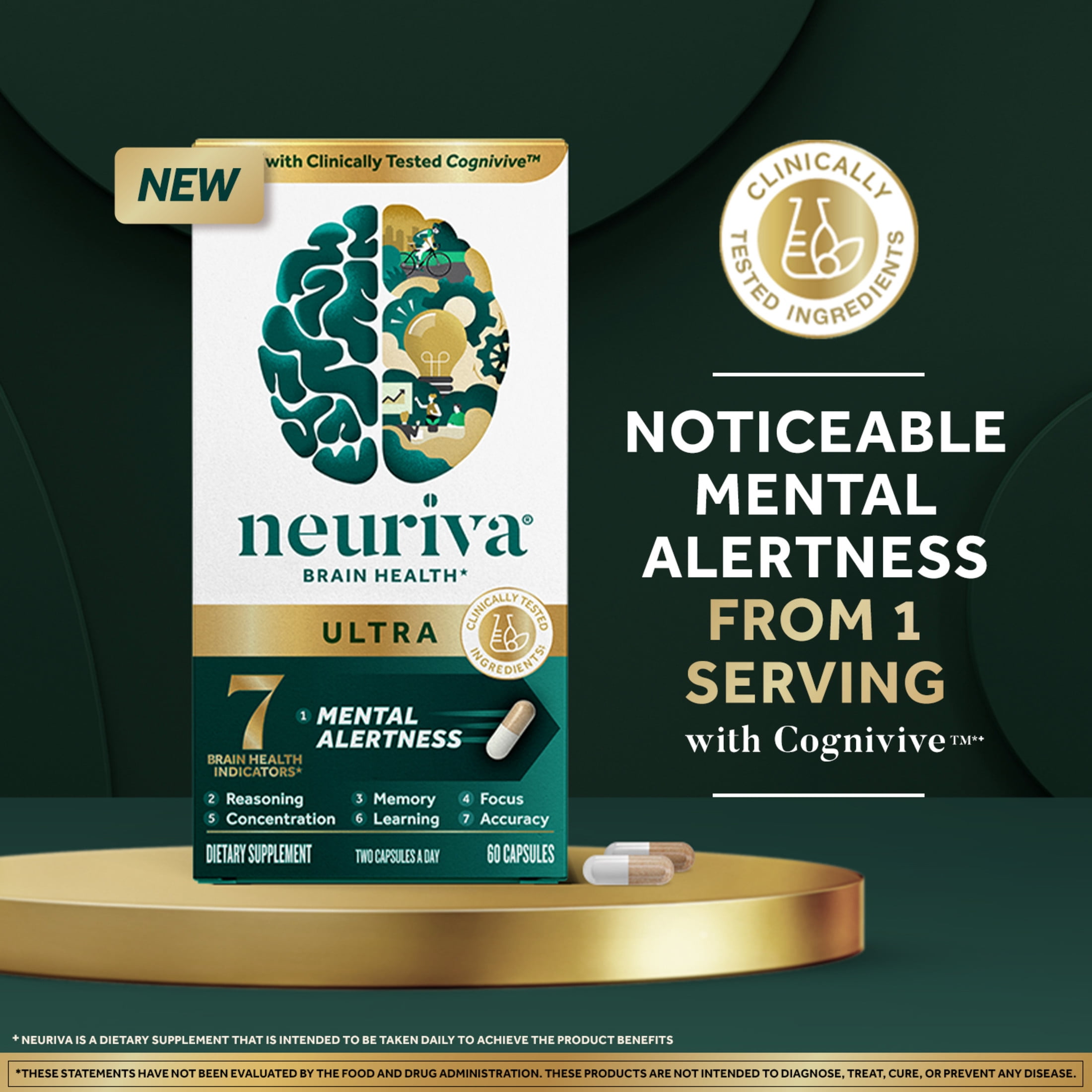 Neuriva Ultra Brain Health Supplement with Vitamins B12 & B6 60ct Capsules for Memory and Focus