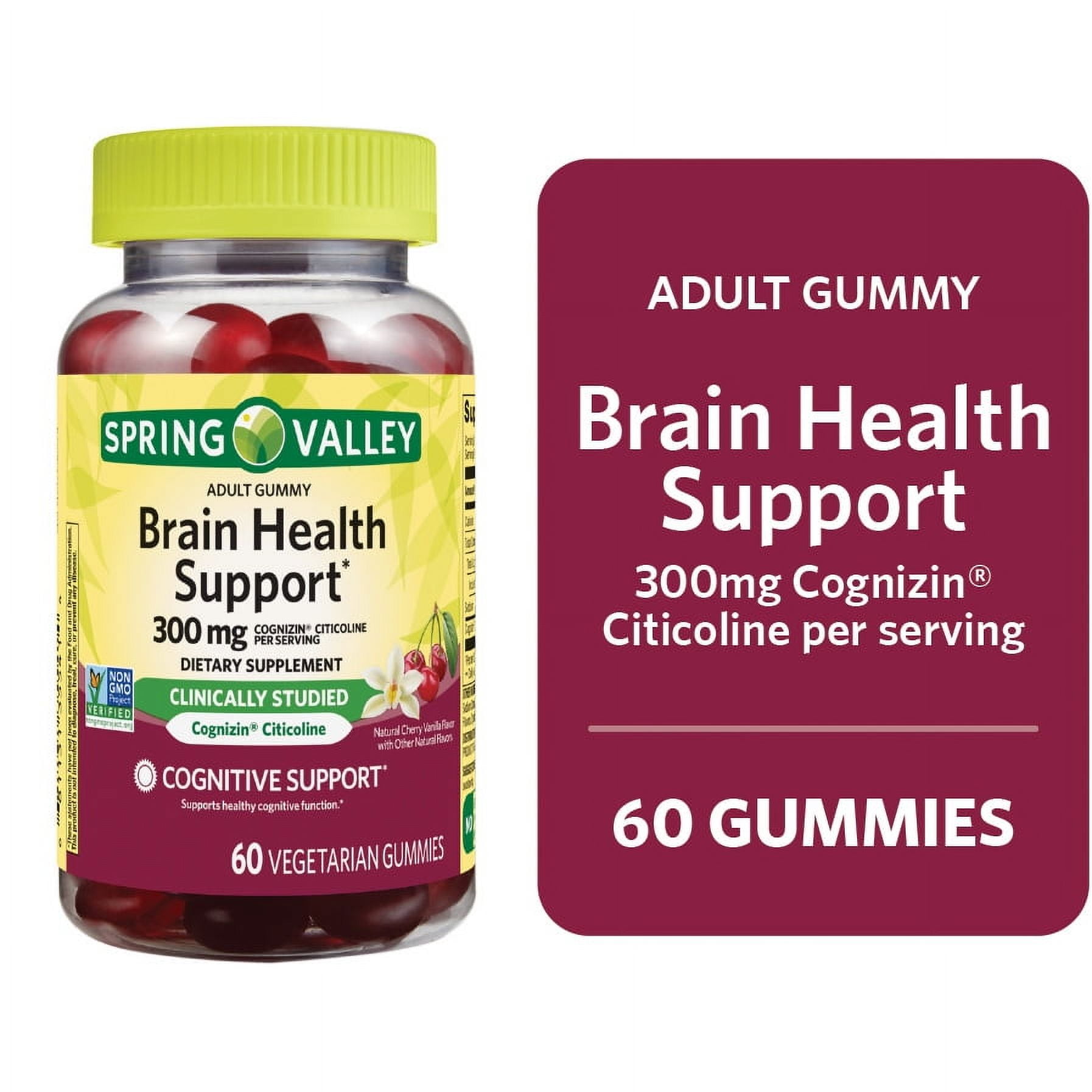 Spring Valley Brain Health Cognitive Support Gummies Cognizin Citocoline 300mg 60ct Cherry Vanilla Flavor