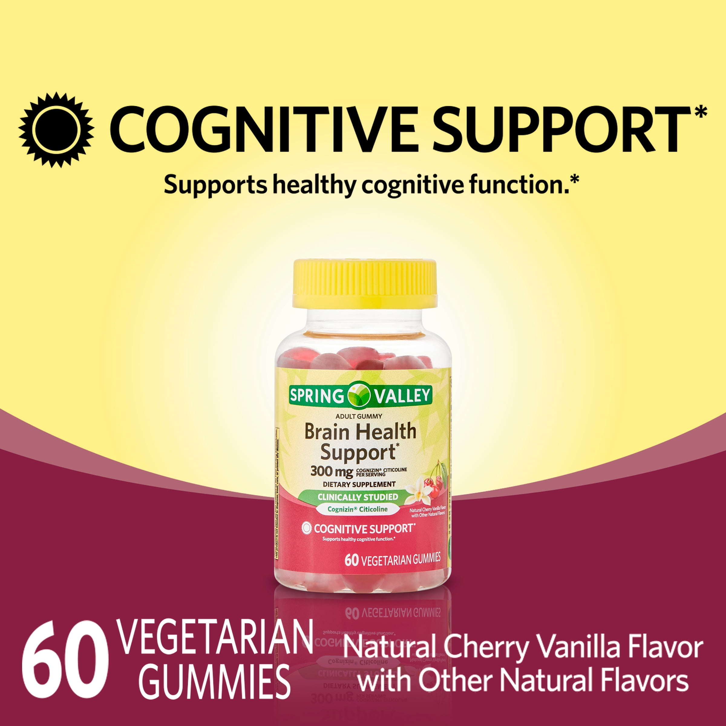 Spring Valley Brain Health Cognitive Support Vegetarian Gummies Cognizin Citocoline 300mg 60ct Cherry Vanilla Flavor
