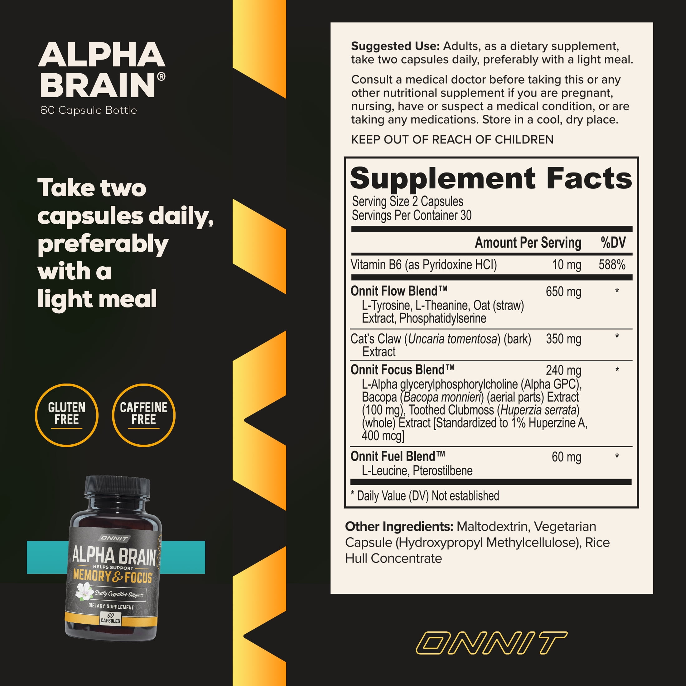 ONNIT Alpha BRAIN Premium Nootropic Brain Health Supplement Memory Focus Support 60 Ct