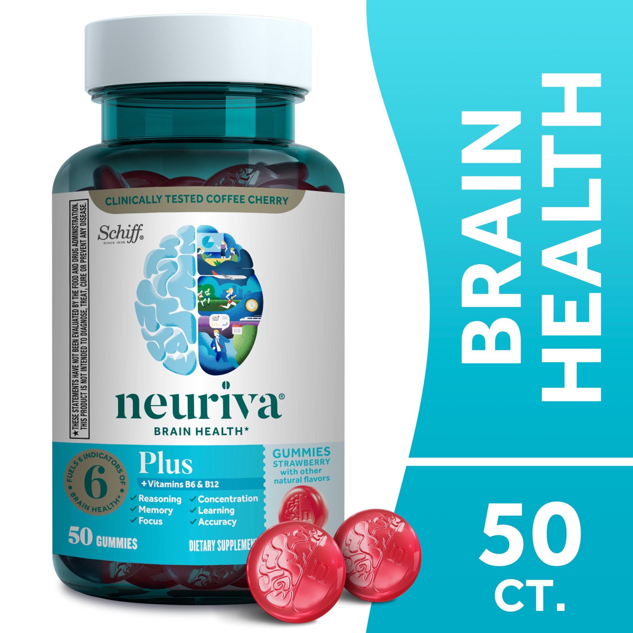 Neuriva Plus Brain Health Vitamins B12 & B6 Support Memory Focus Strawberry 50ct Gummies