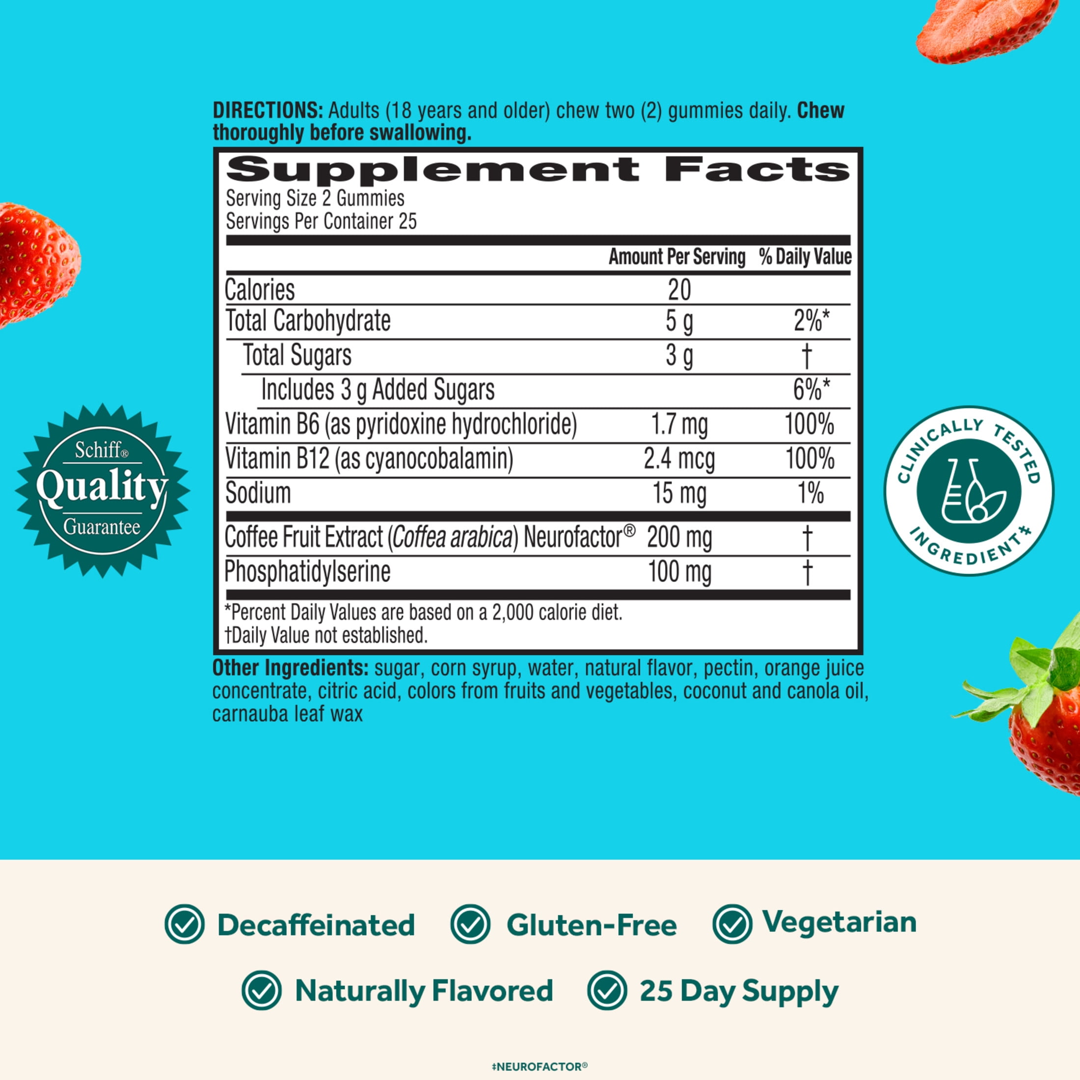 Neuriva Plus Brain Health Vitamins B12 & B6 Support Memory Focus Strawberry 50ct Gummies