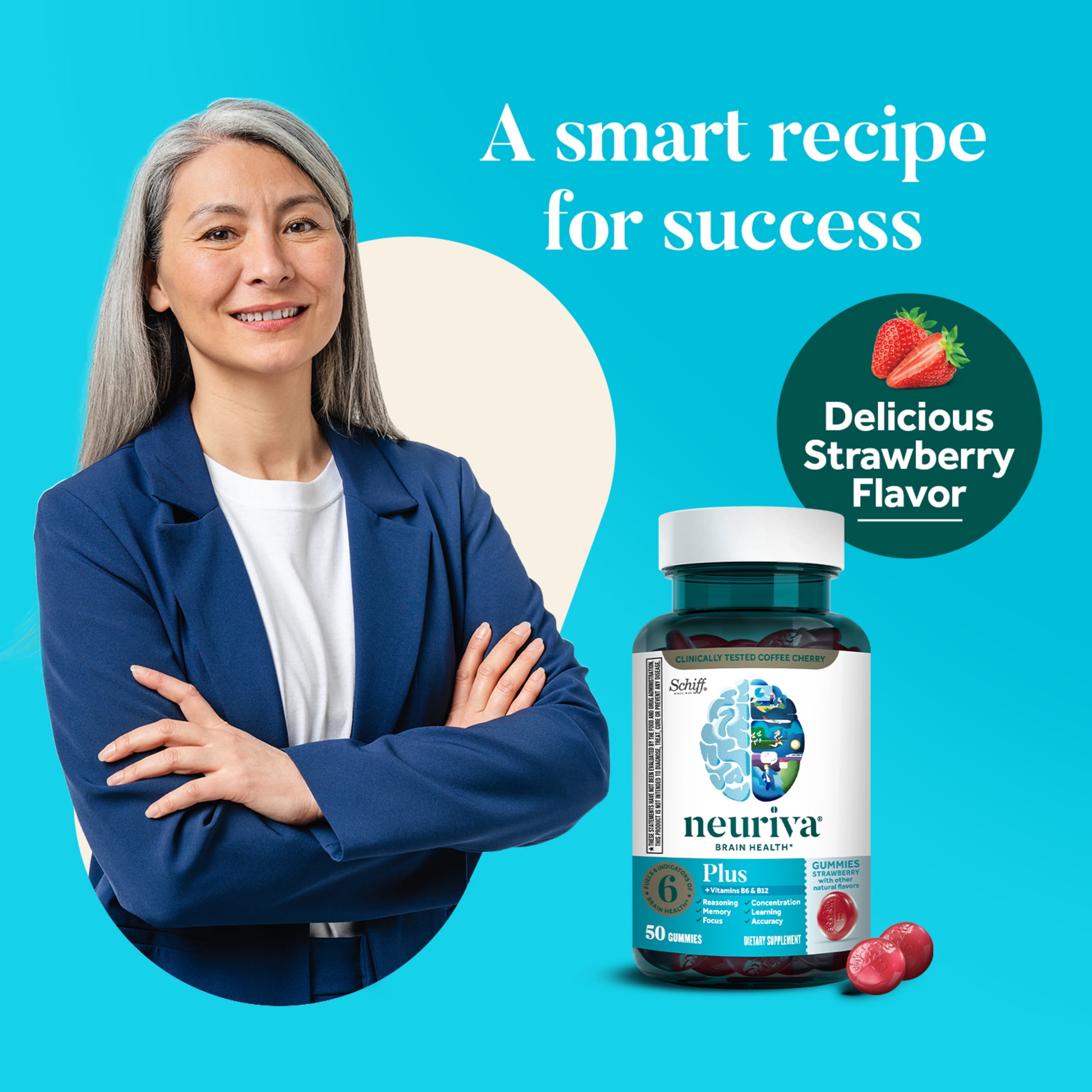 Neuriva Plus Brain Health Vitamins B12 & B6 Support Memory Focus Strawberry 50ct Gummies
