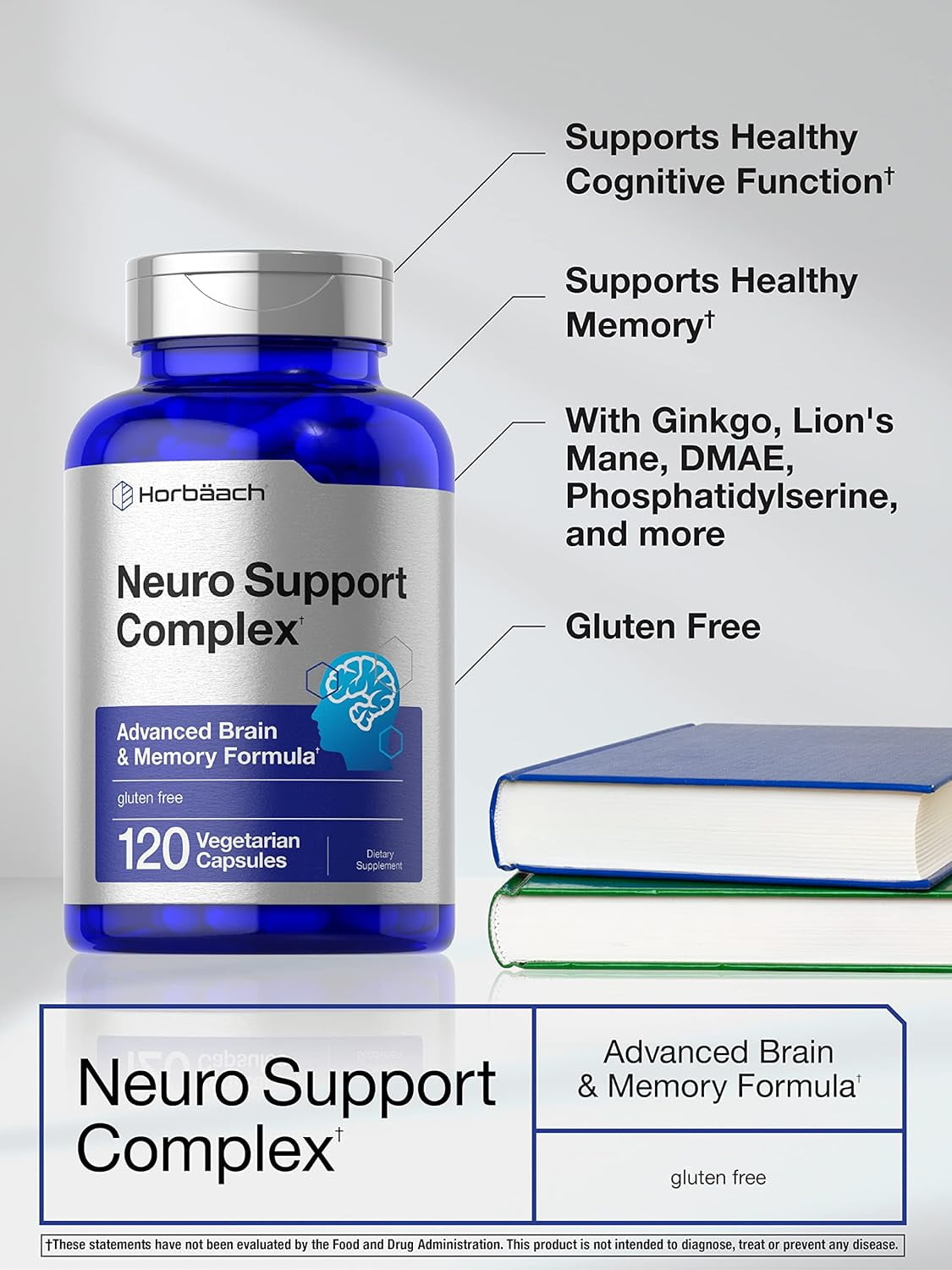 Horbaach Brain Support Supplement 120 Capsules Vegetarian Formula for Men and Women